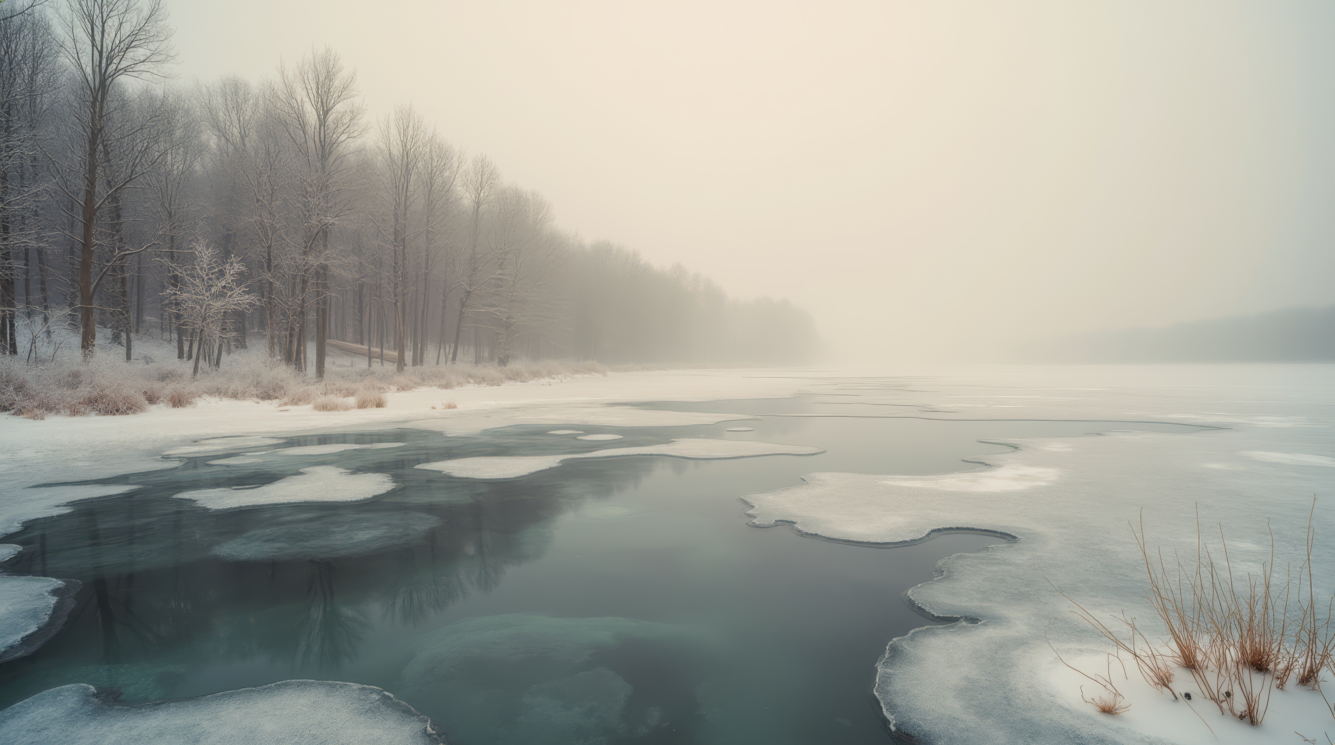 Бесплатное фото Замерзшее озеро посреди леса с толстым слоем снега на вершине