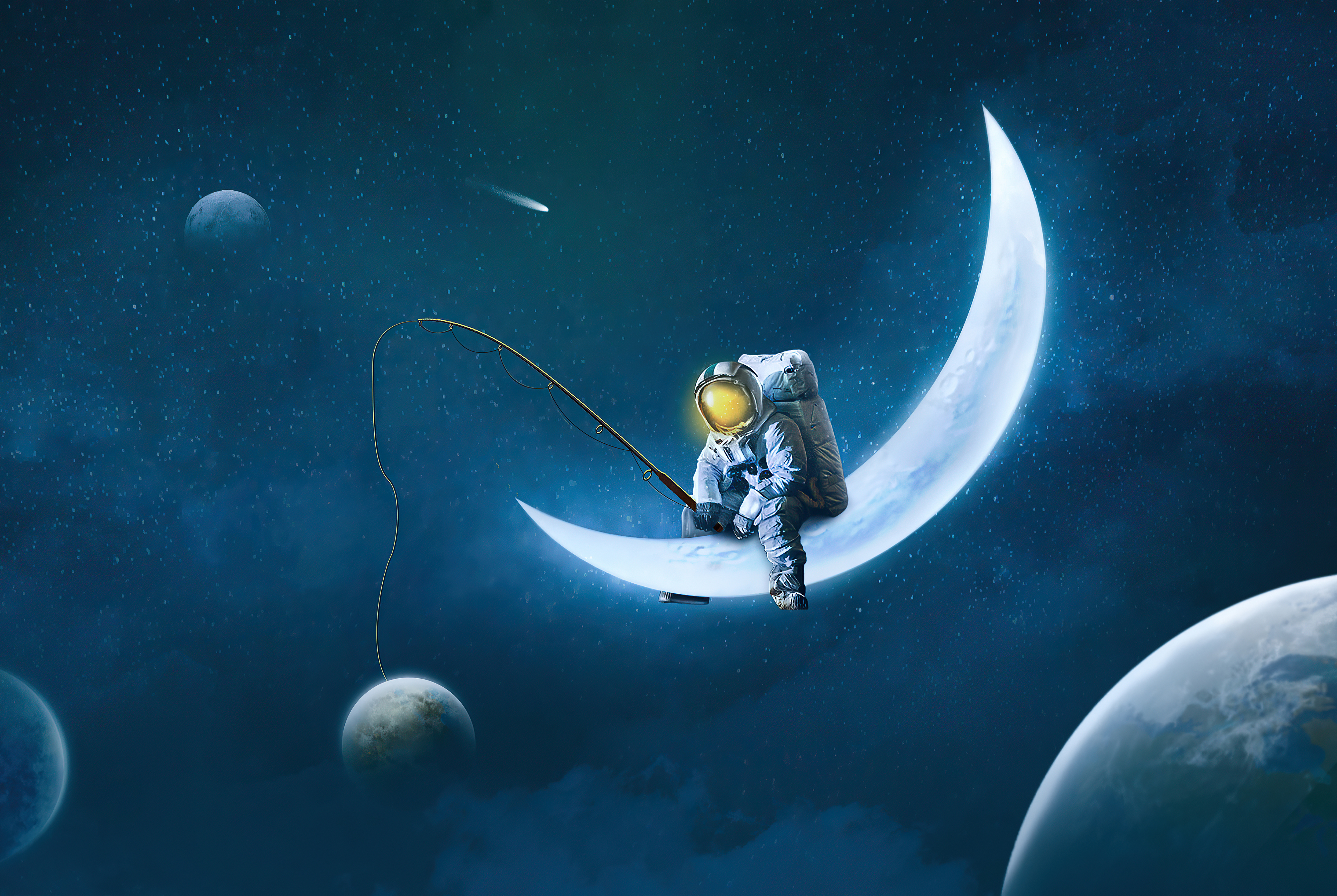 宇航员正在新月上钓鱼。