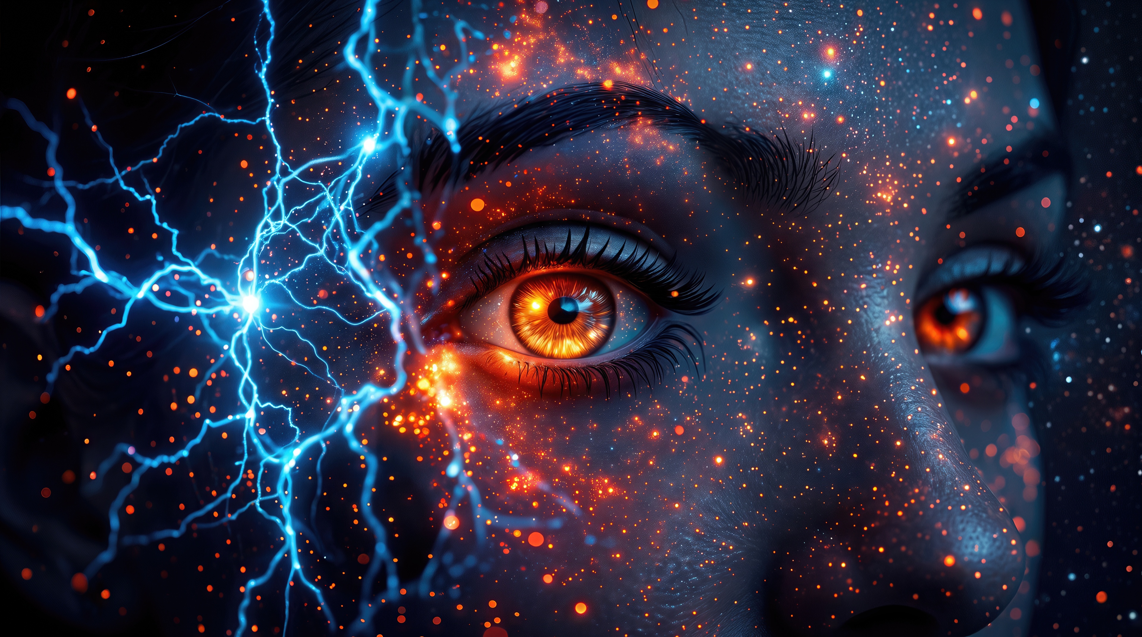 The girl`s face is covered with myriads of shining stars and galactic dust against a background of deep dark space.