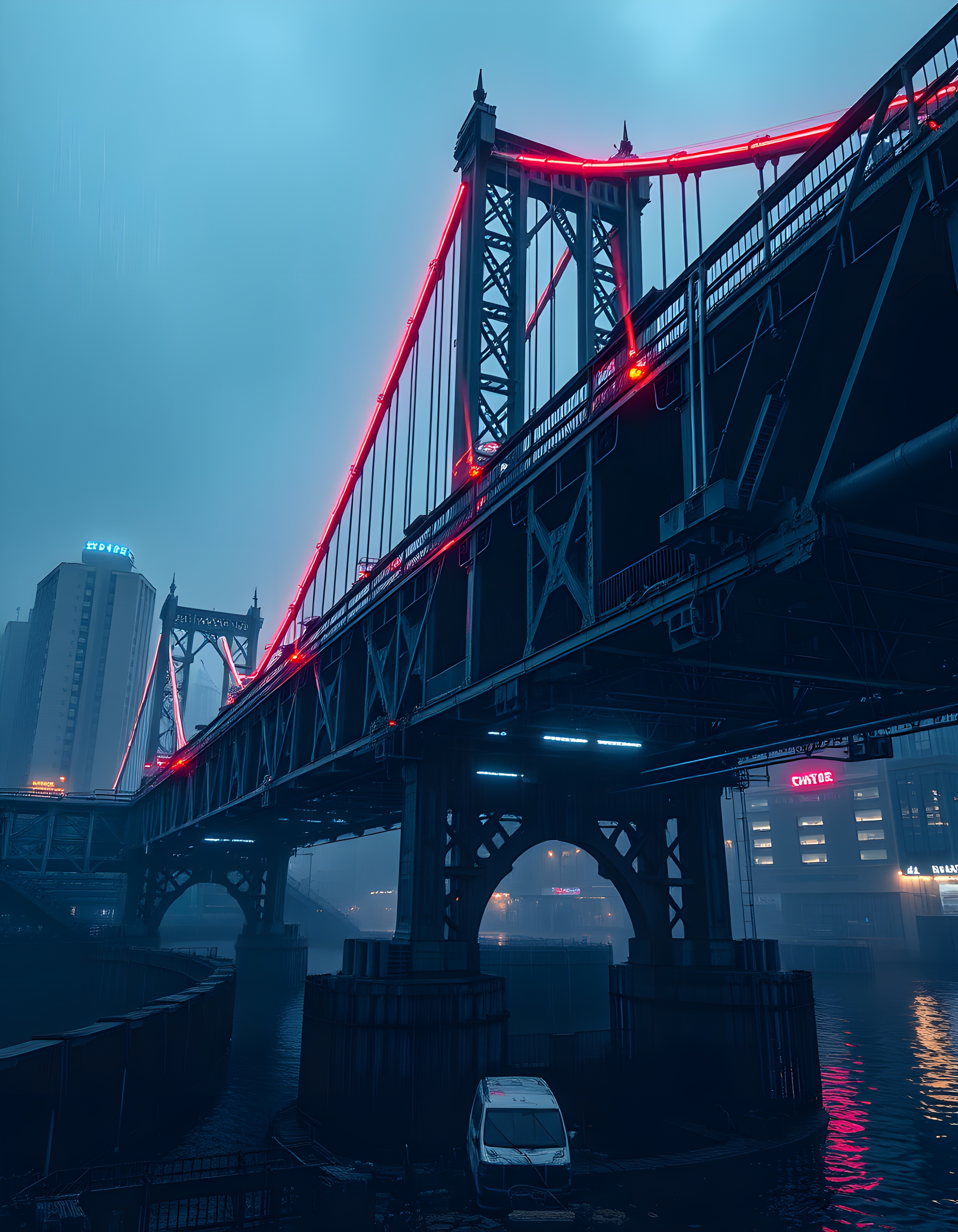 赛博朋克城市中的一座桥