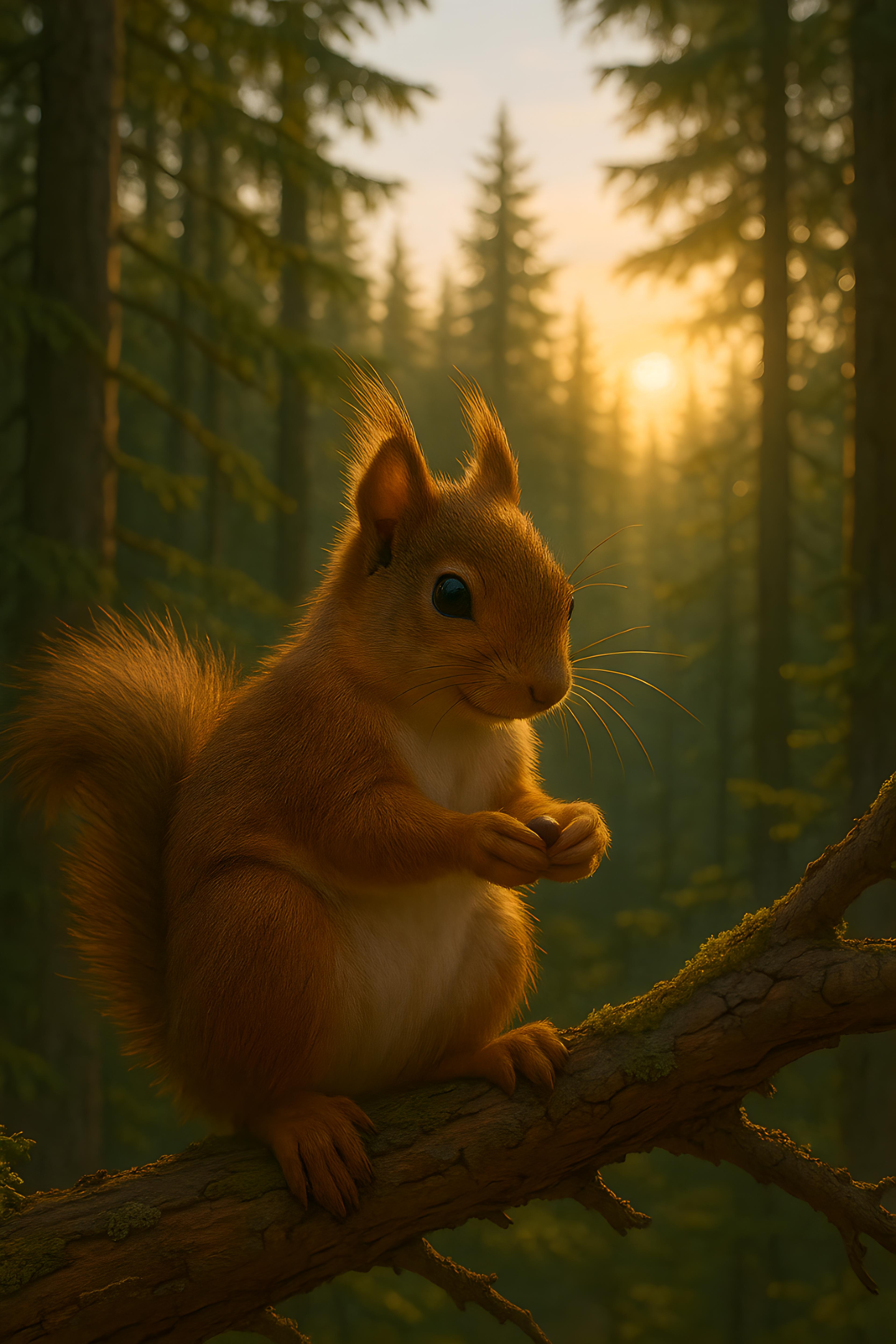 免费照片泰加针叶林中的松鼠手捧松子迎接黎明。