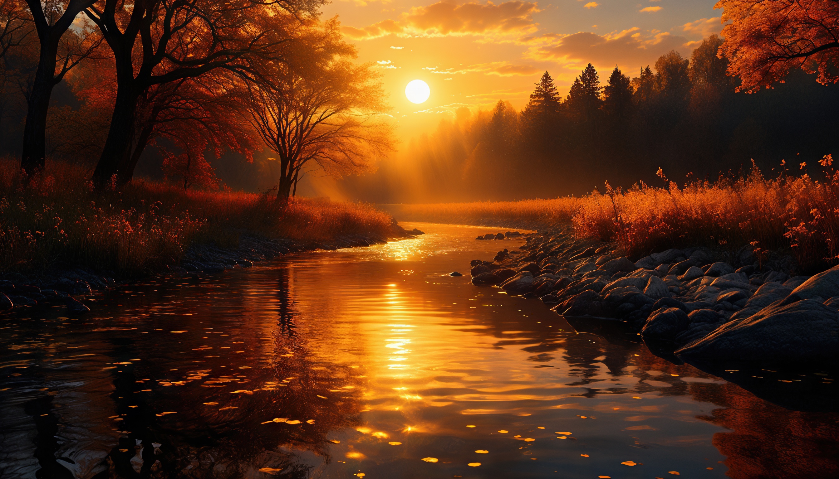 Бесплатное фото Осенний пейзаж с рекой, лесом и заходящим солнцем.