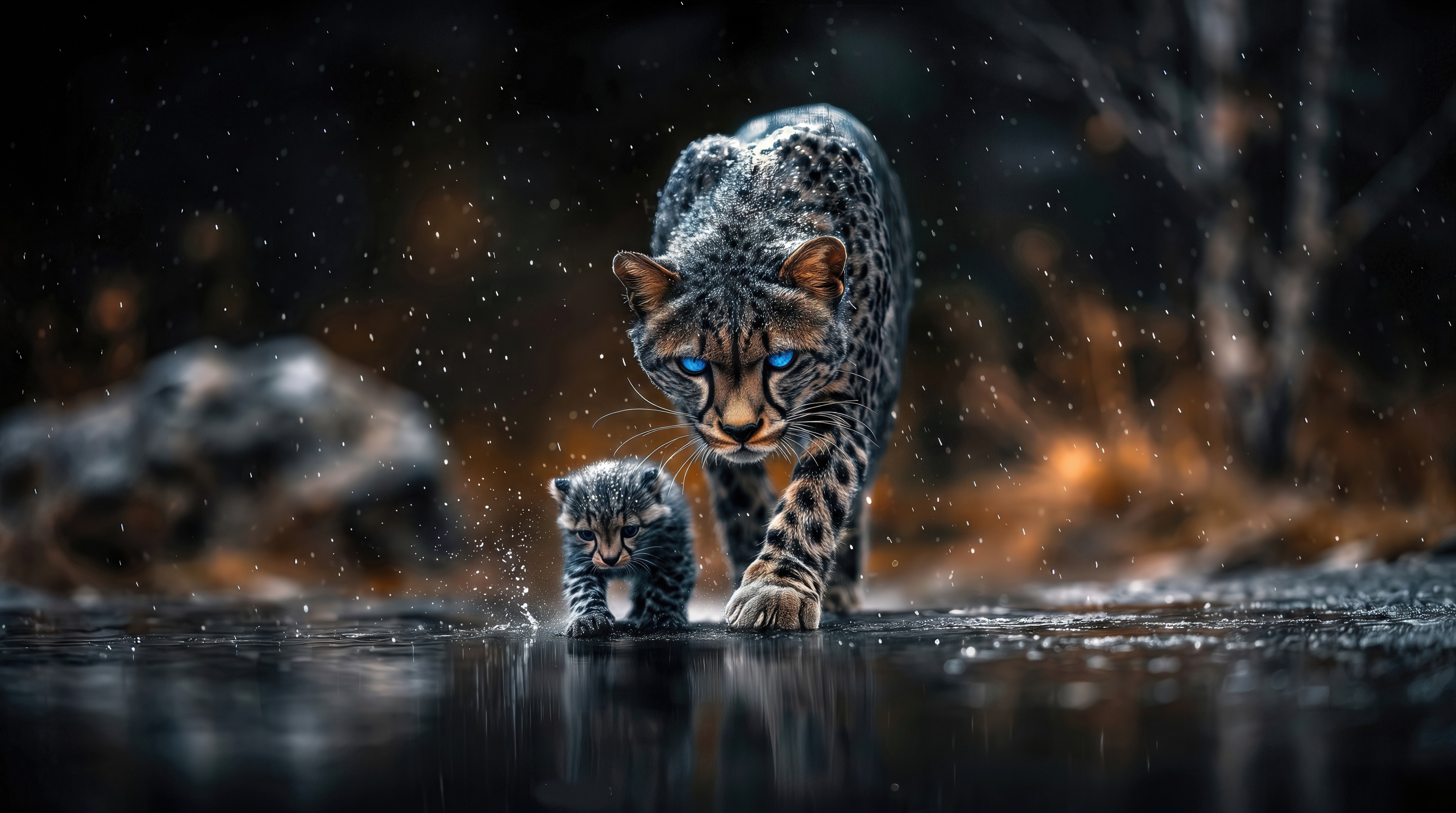 Free photo A graceful leopard with shining blue eyes and his little kitten walk in the rain.