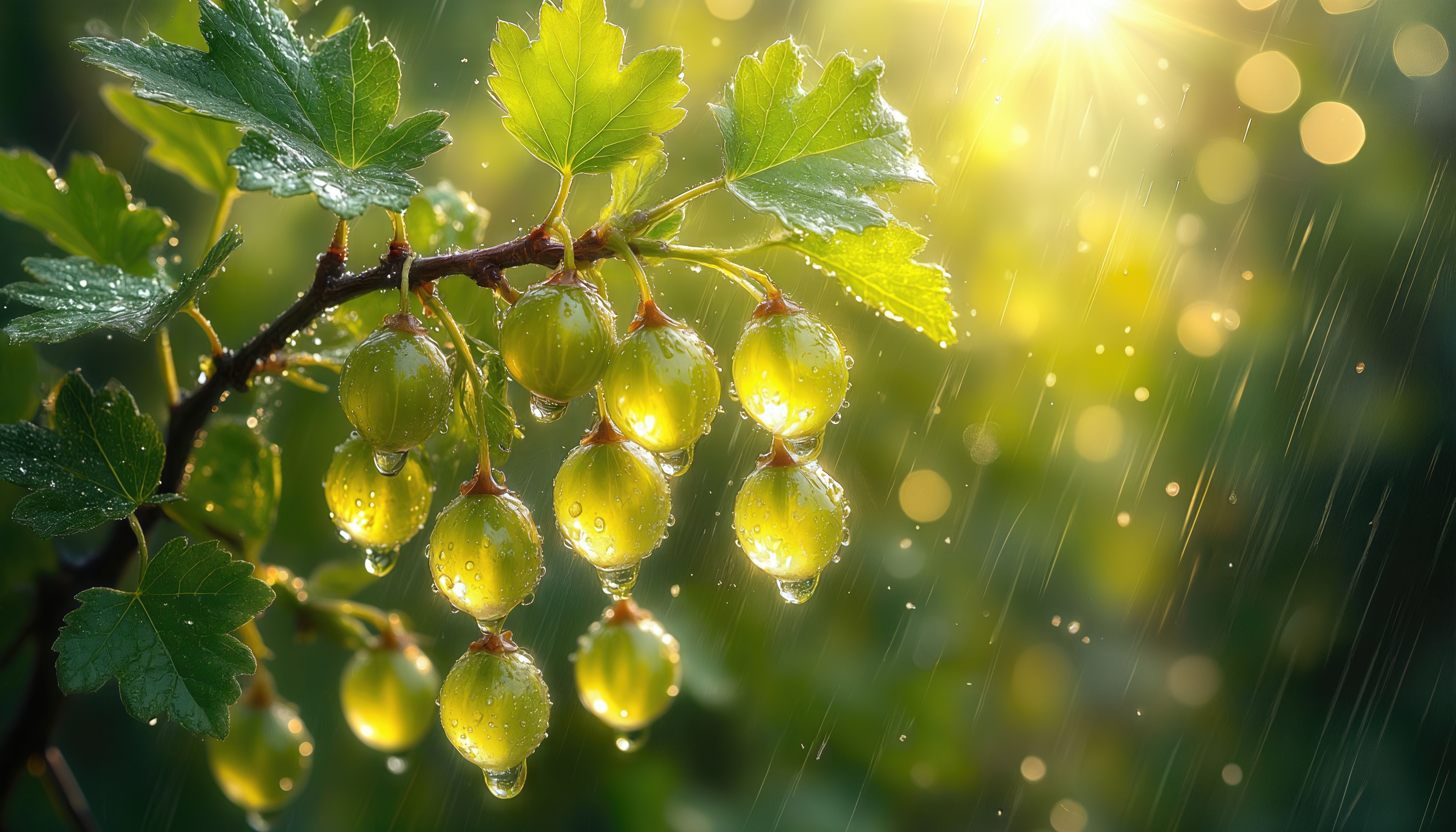 Бесплатное фото Ветка крыжовника с зелёными ягодами в лучах солнца, капли дождя на листьях.