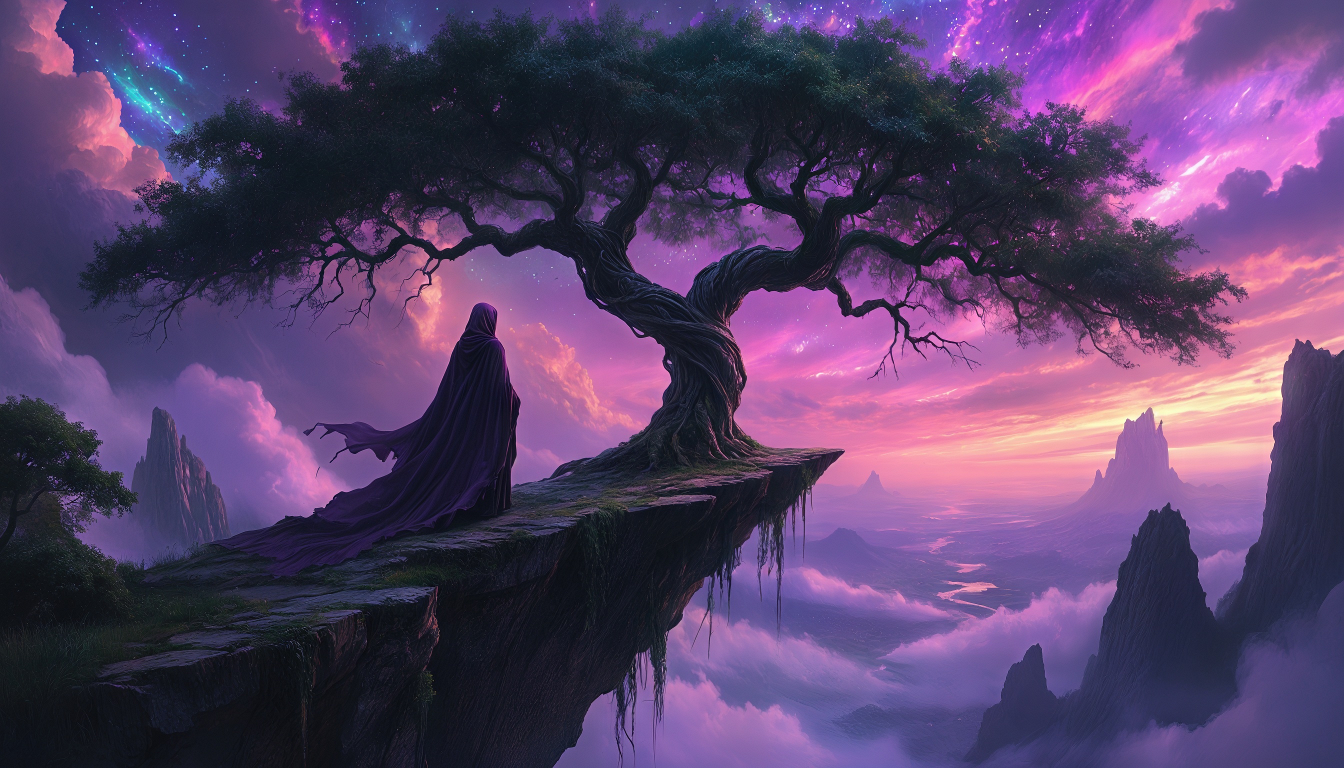 Бесплатное фото Фантастическая сцена с человеком на утесе в волшебном мире с яркими облаками и скалами.