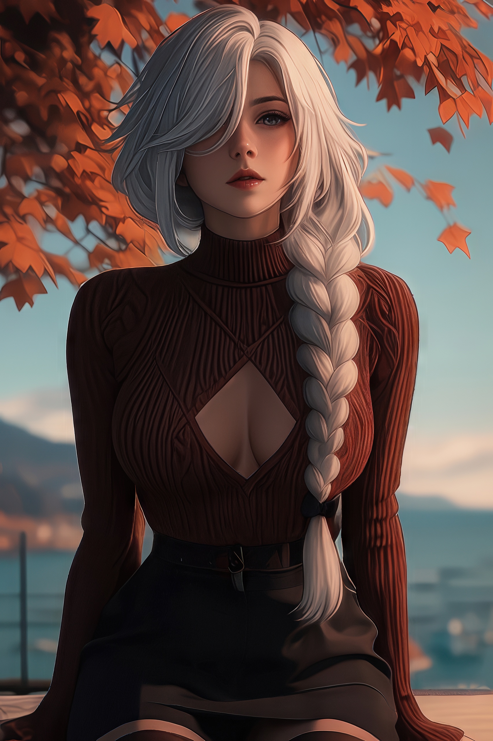 Беловолосая девушка в стильном свитере на фоне осенних листьев.