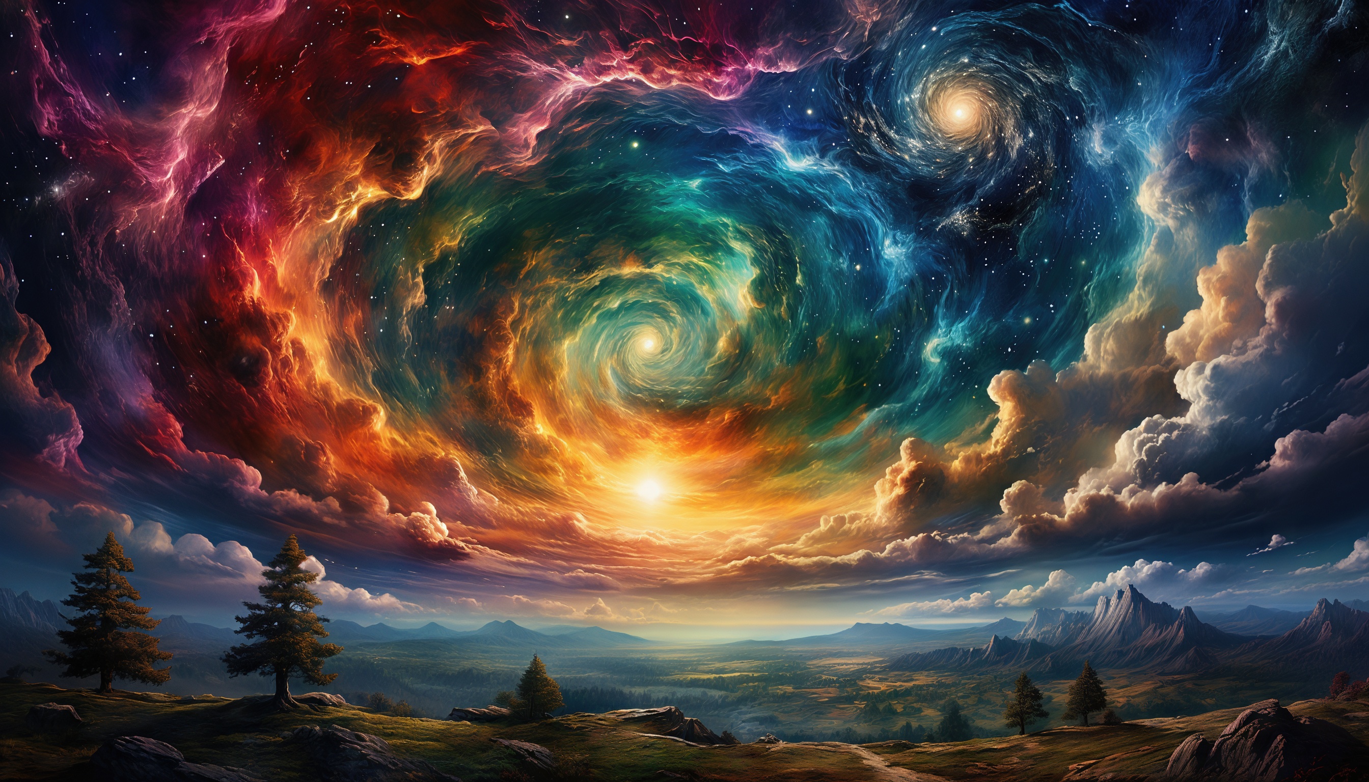 Фантастический пейзаж, где земные ландшафты и космическое пространство сливаются в одно целое.