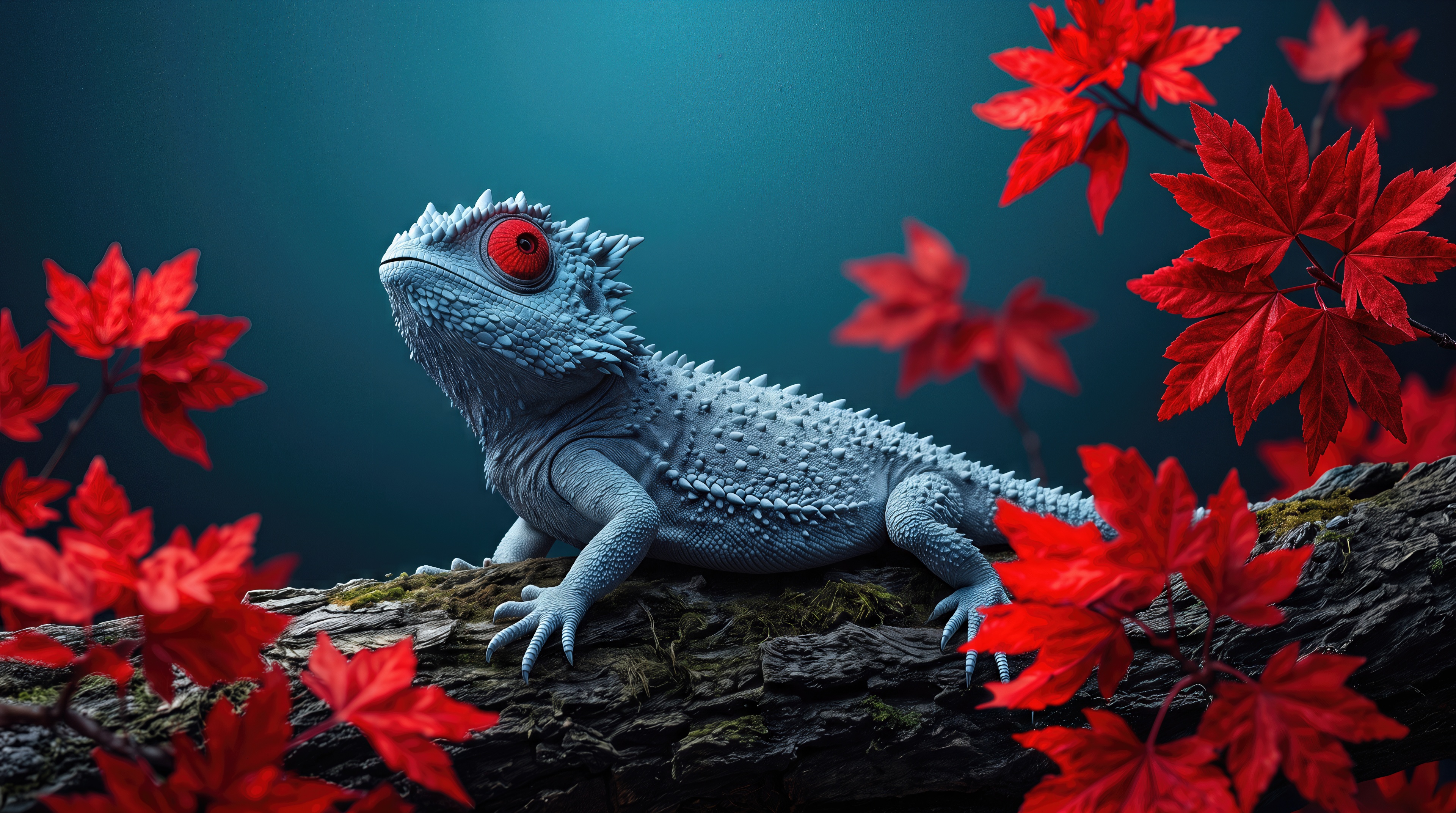 Free photo A fantastic grey spiked lizard with big red eyes sits on an old mossy tree bark.