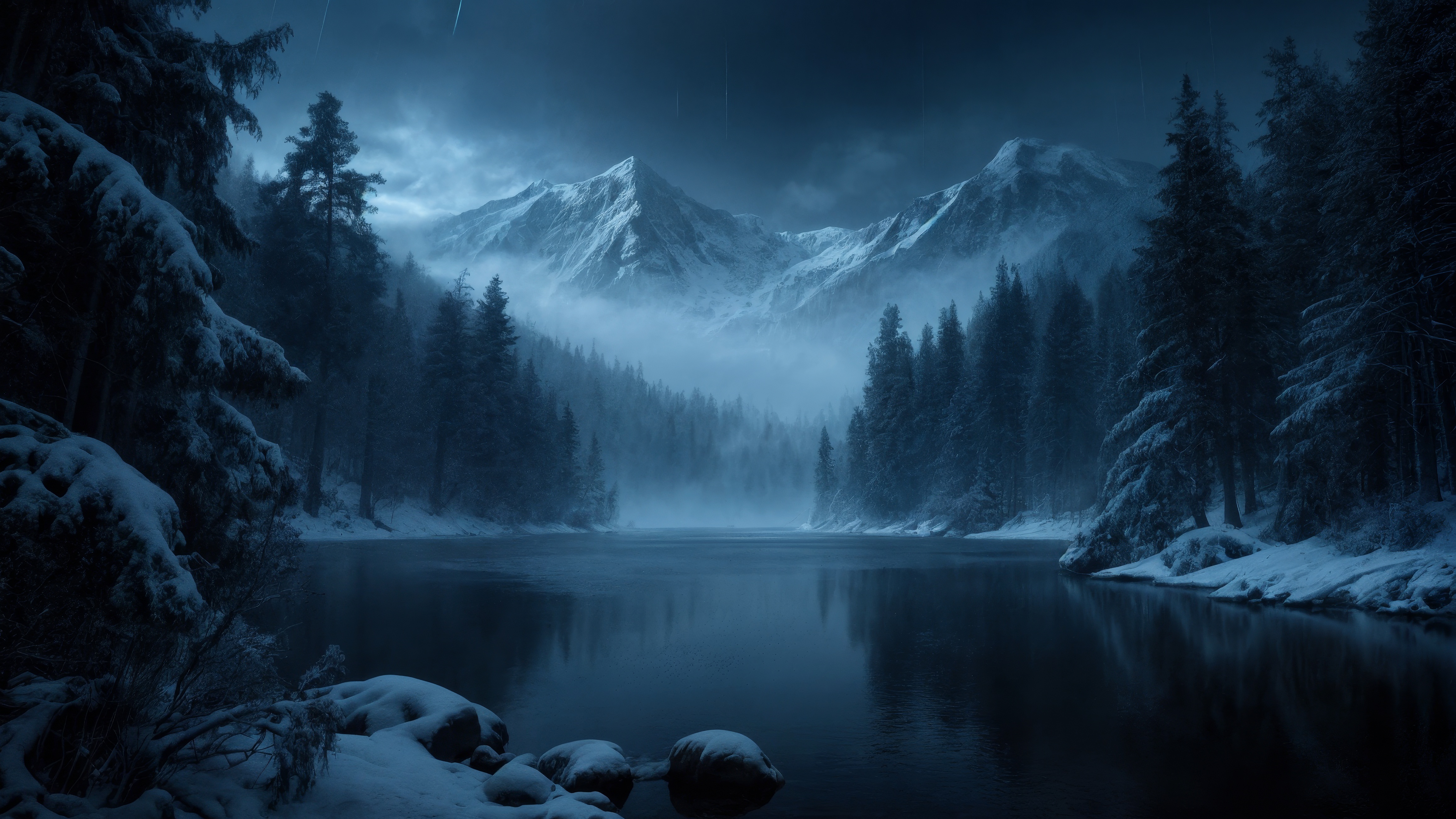 Бесплатное фото Гора, покрытая снегом, с деревьями и водой