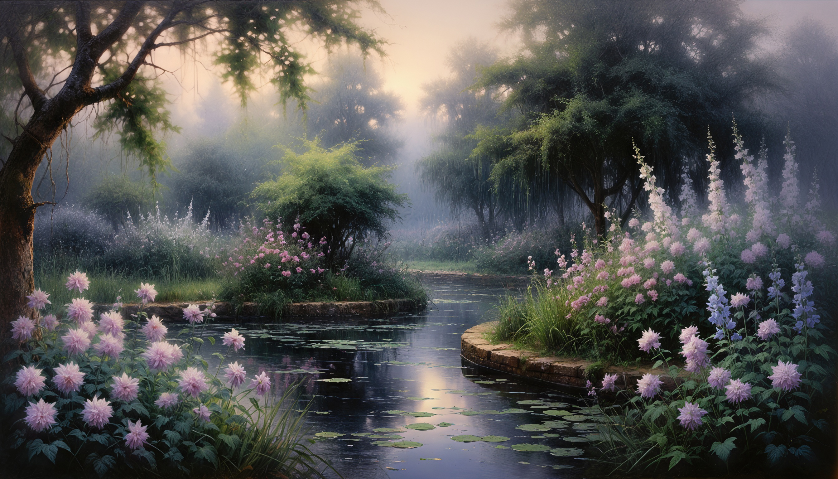 Free photo A misty garden with flowering shrubs and a winding pond.