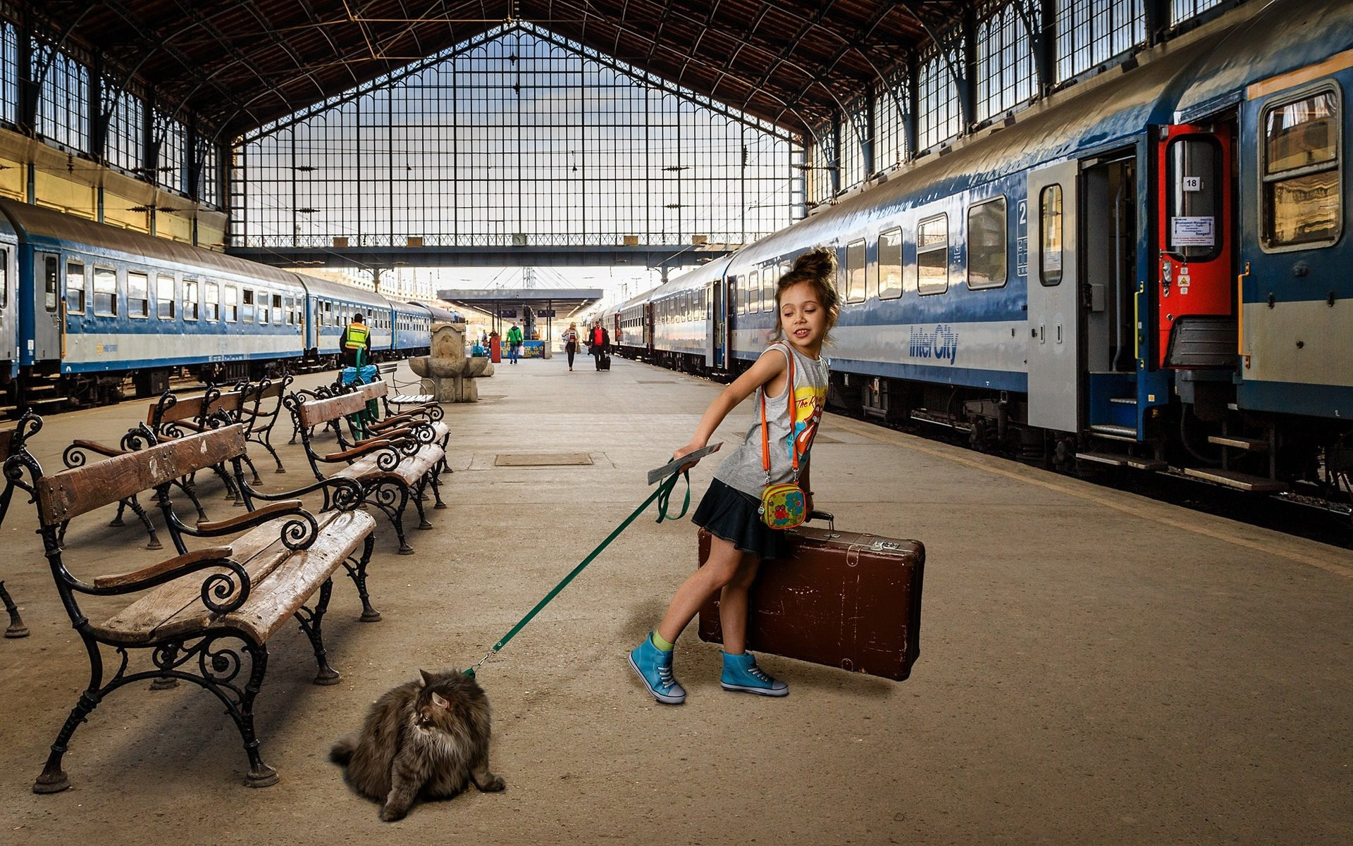 Free photo A girl with a cat on a leash