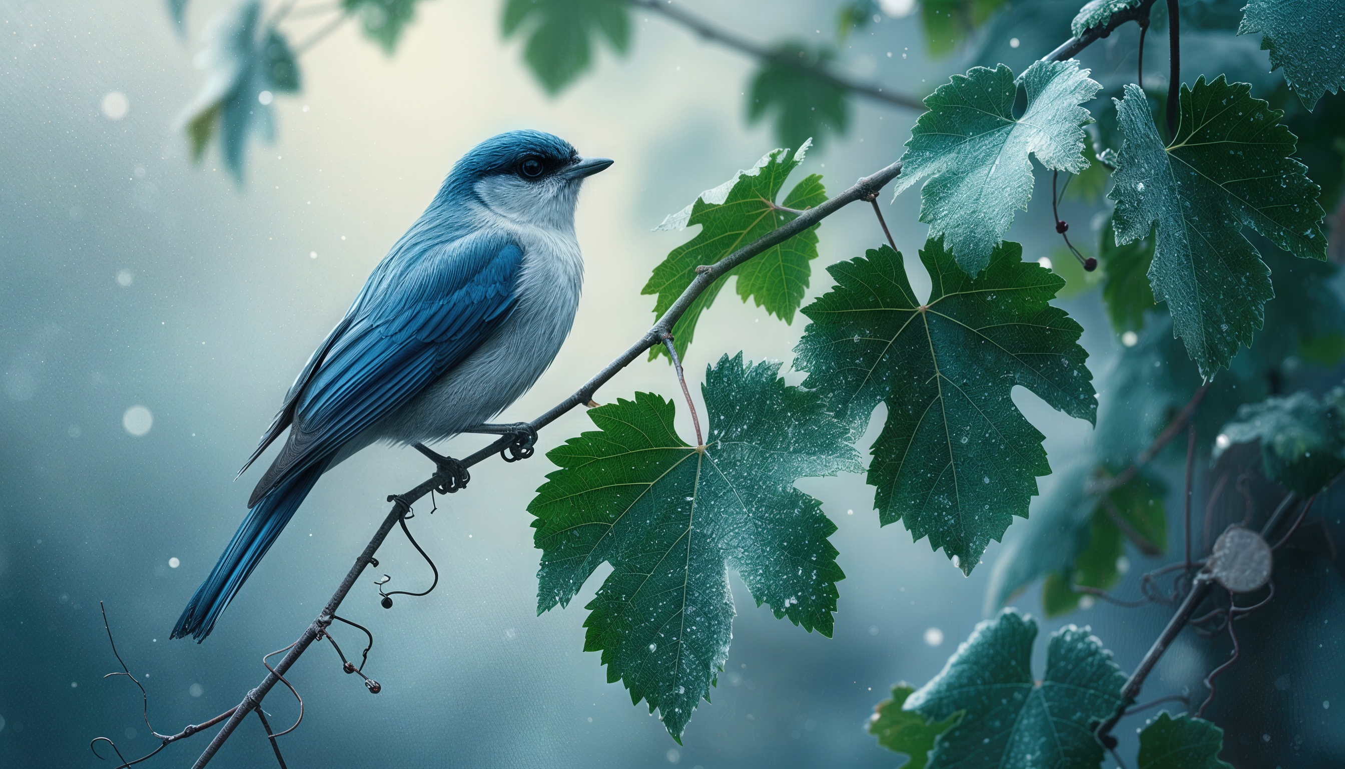 Синяя птица сидит на лозе среди зеленых листьев, создавая атмосферу спокойствия и умиротворения.