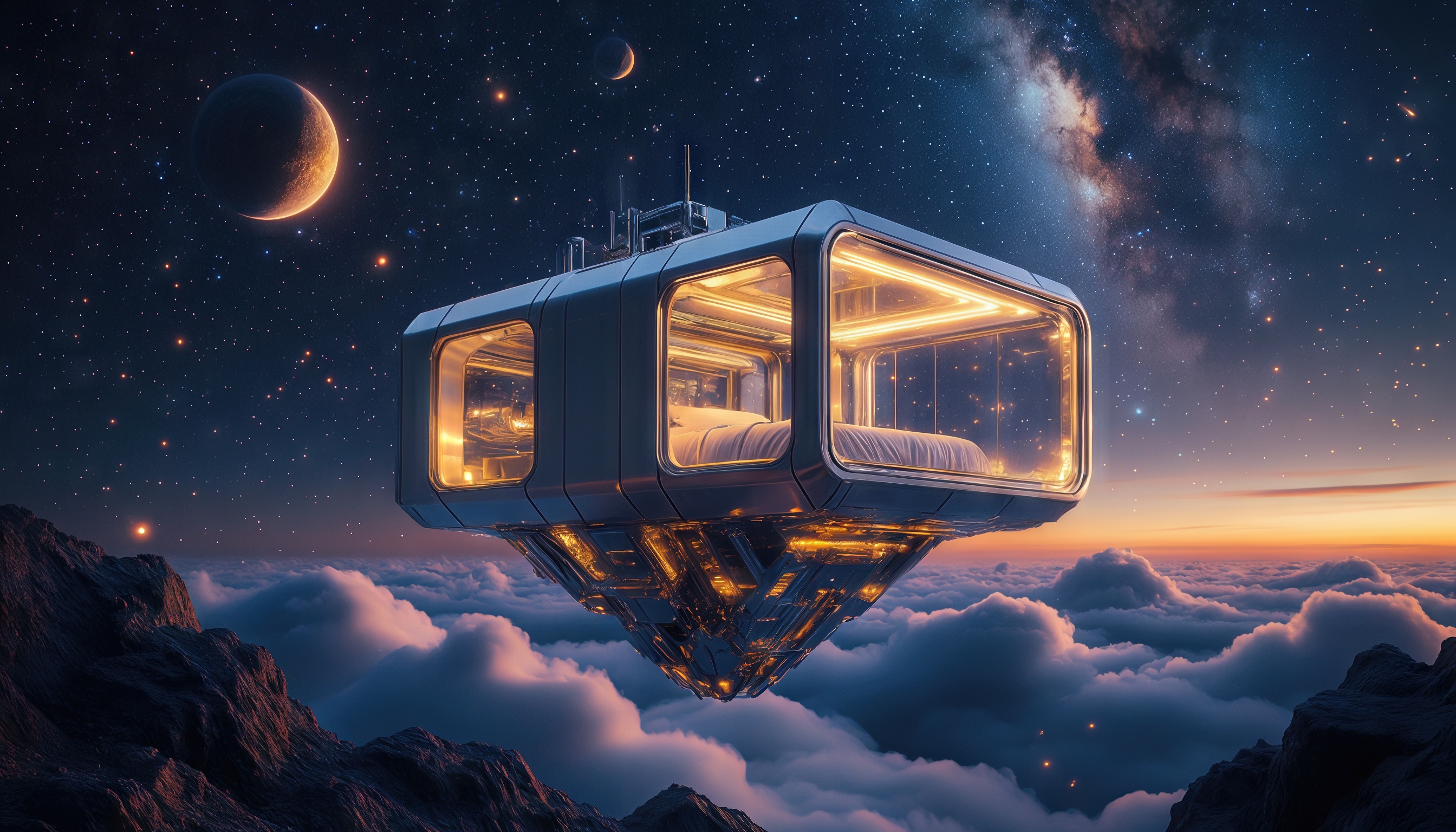 Фантастический дом парит в воздухе над облаками, создавая впечатление жизни в космосе.