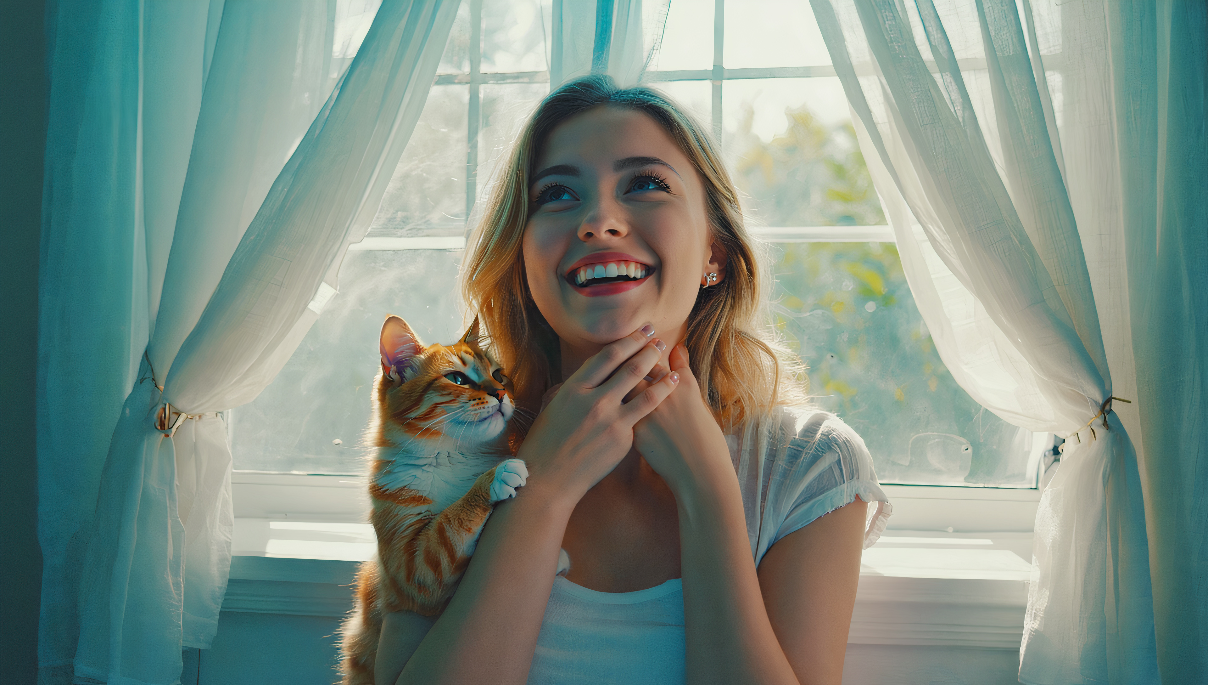 Wallpaper on desktop, cats, girls posing for a photographer