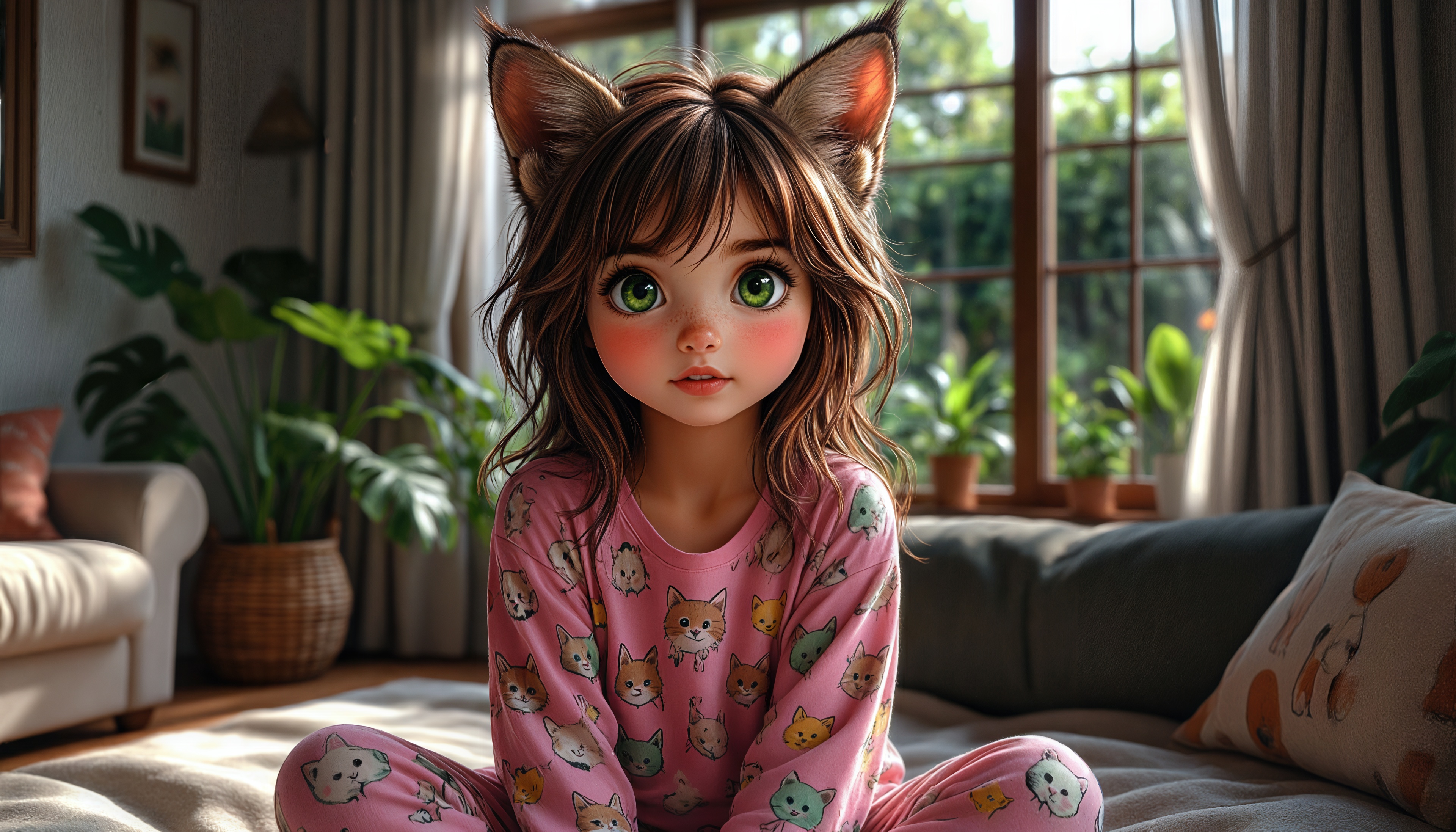 Девочка-кошка в розовой пижаме с котами сидит на кровати в уютной светлой комнате у окна.