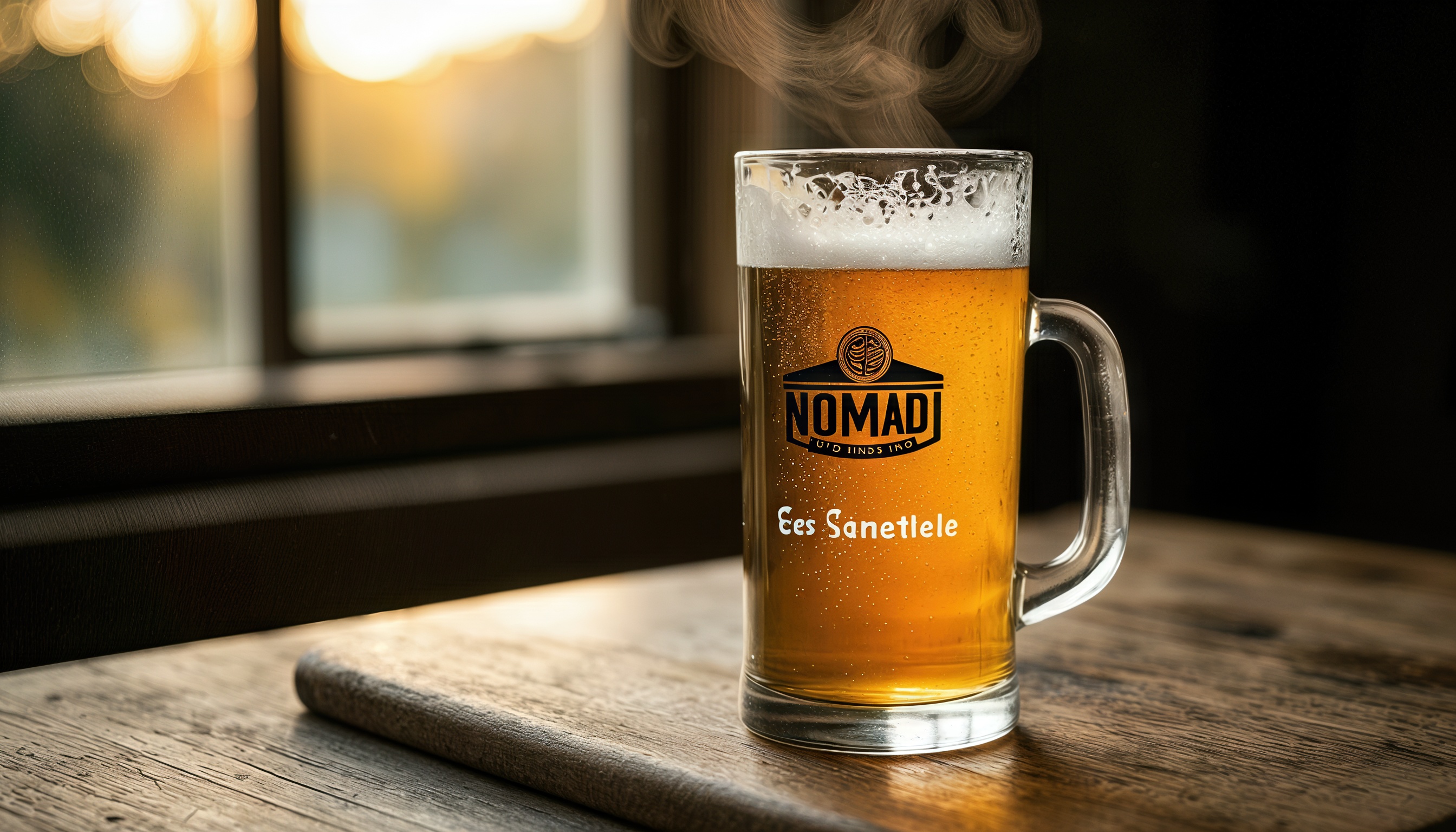 Пиво в стеклянной кружке с логотипом N0MAD на фоне заката.
