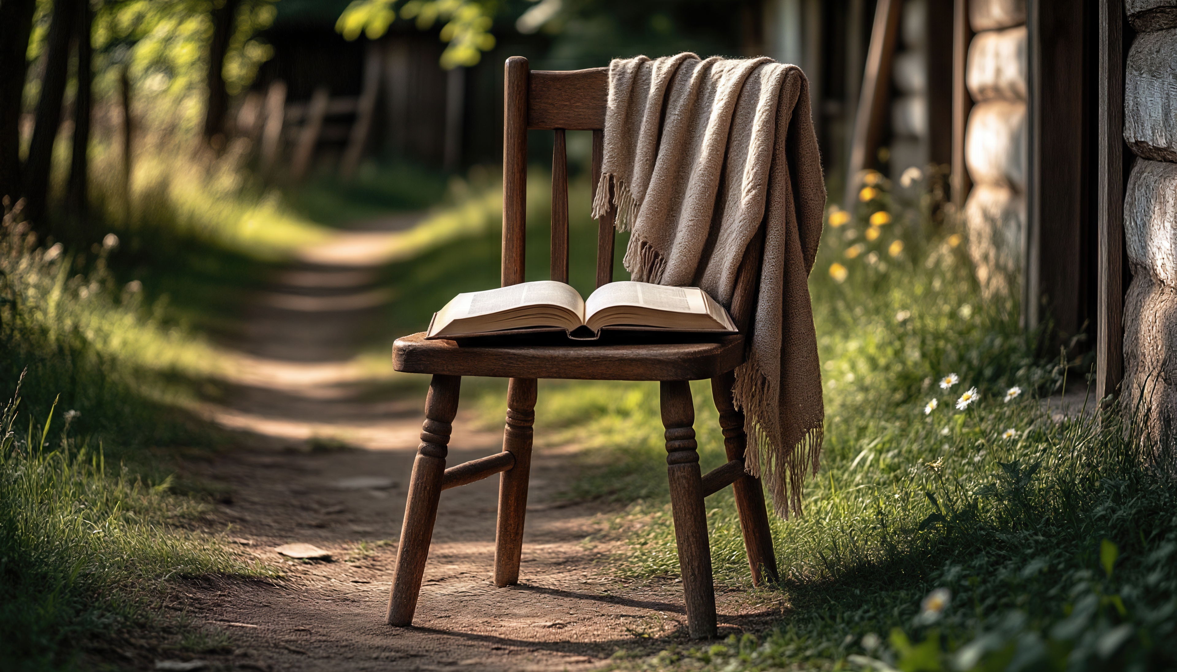Бесплатное фото Деревянный стул с пледом и книгой на фоне деревенской тропинки - атмосфера уюта.