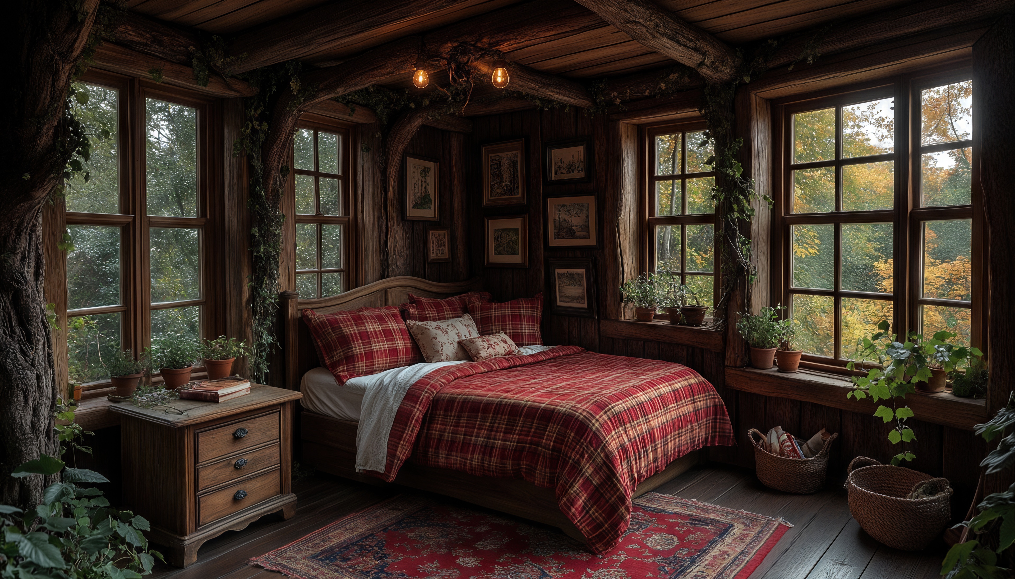Бесплатное фото Лесная сказка в дереве: кровать в клетчатом уюте, окна шепчут о лесе, зелень шепчется с балками, свет ласкает ковёр.