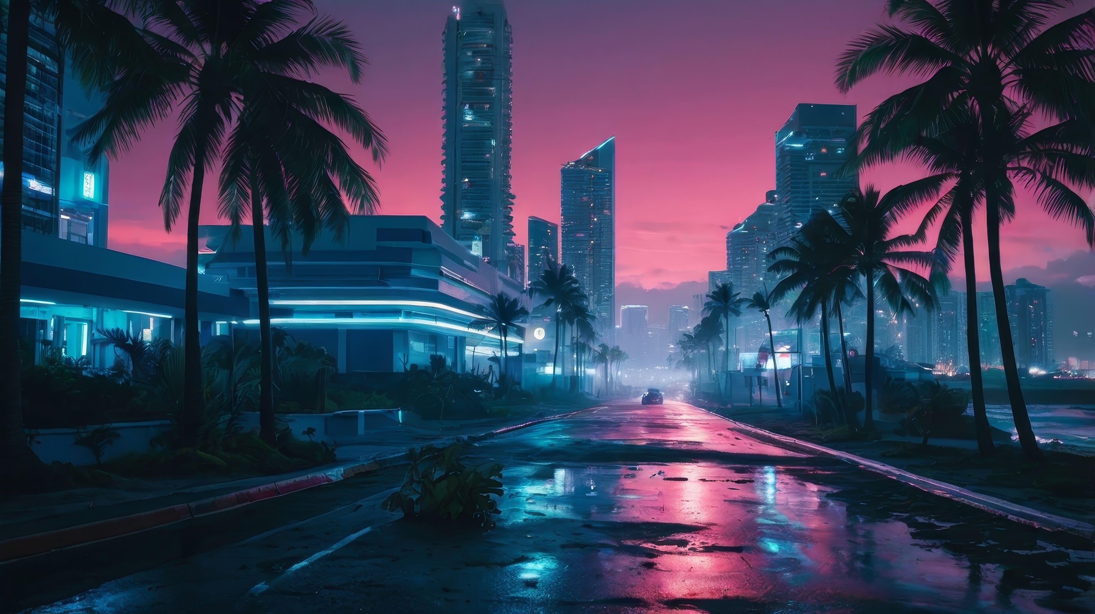 Бесплатное фото Городской пейзаж в сумерках с высокими зданиями и пальмами.