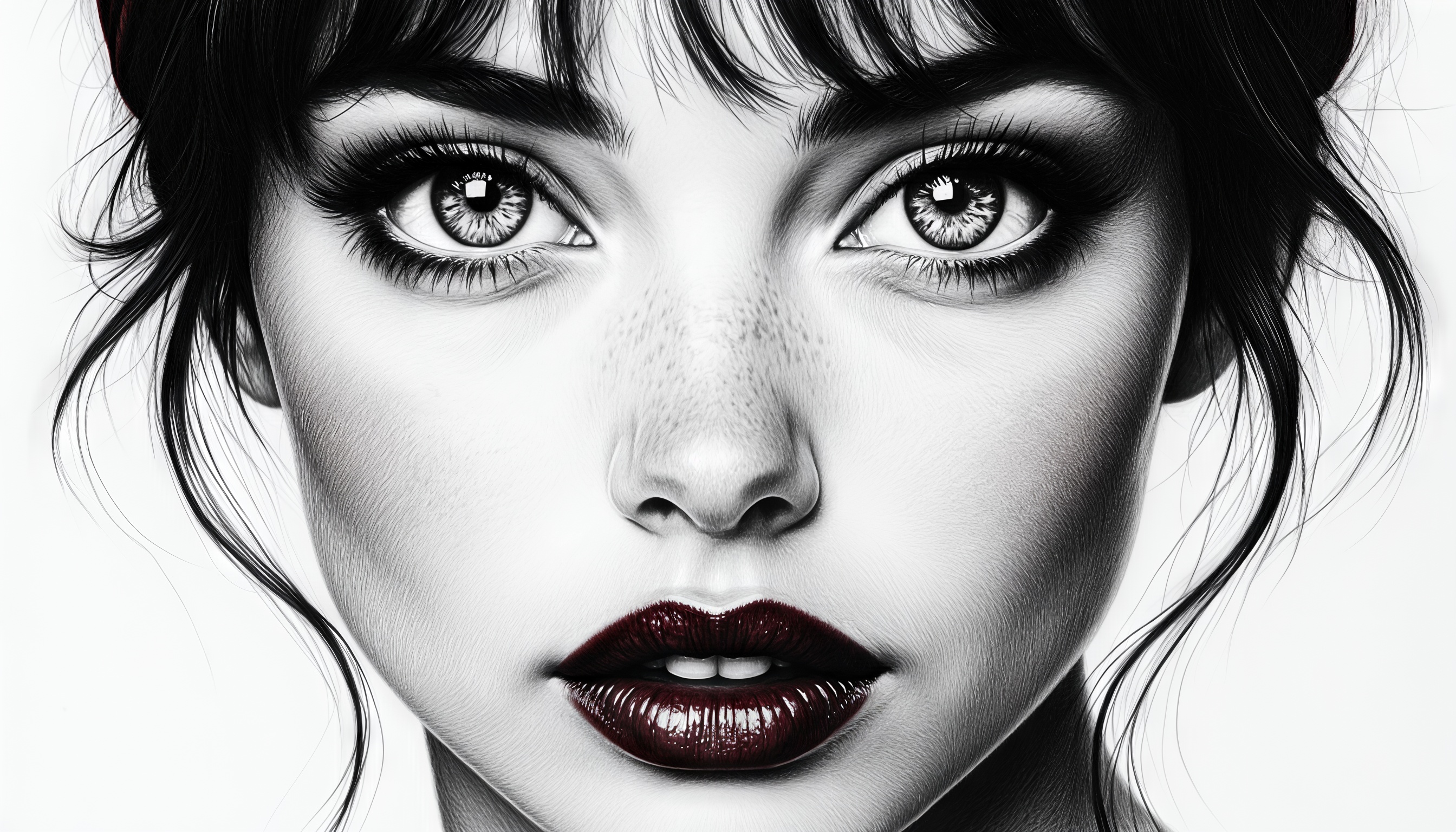 Бесплатное фото Черно-белый портрет женщины с акцентом на ярко-красные губы на белом фоне.