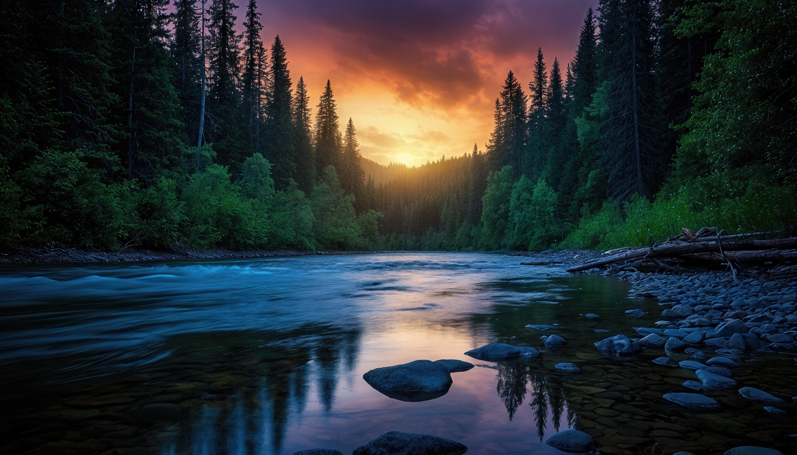 Бесплатное фото Лесной пейзаж с рекой, протекающей среди деревьев на фоне заката.