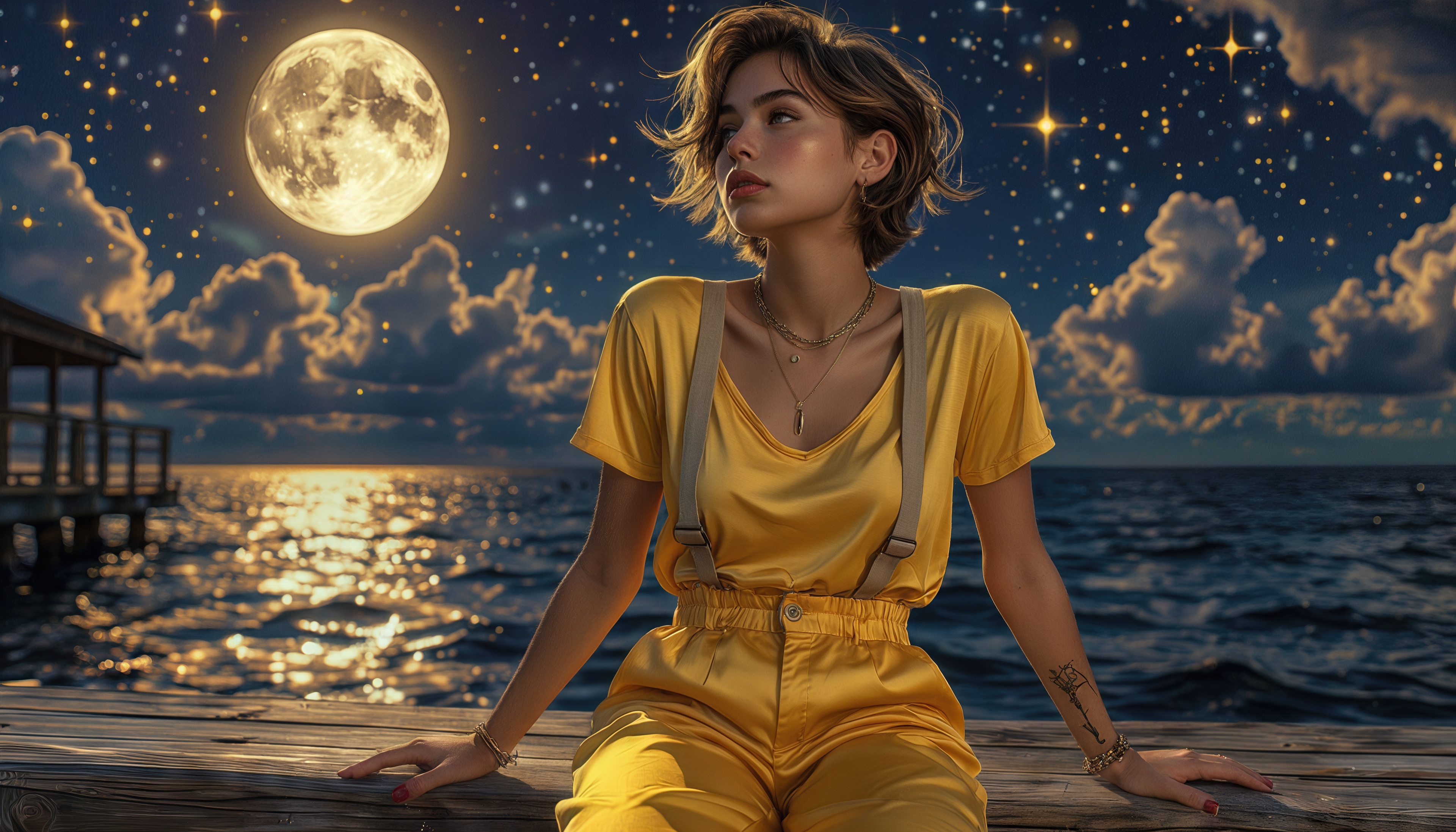 Free photo A moonlit night, the sea and a thoughtful girl on the pier.