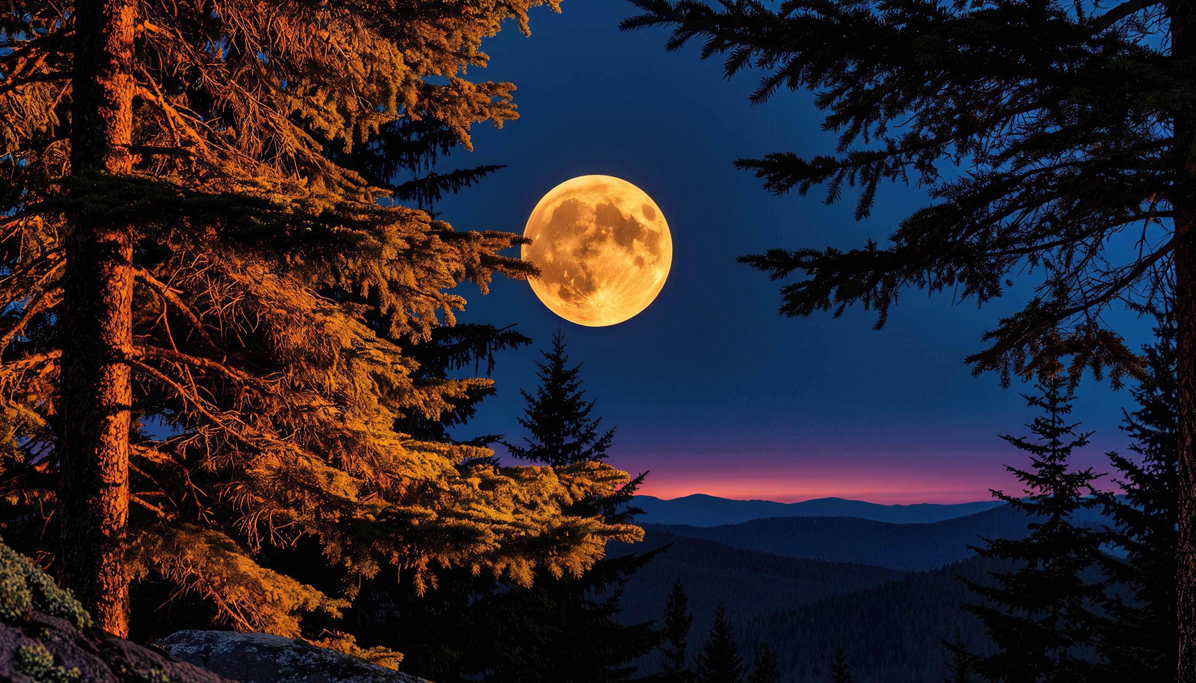 Free photo A majestic full moon in a coniferous forest, a bright moon disk, silhouettes of mountains and silhouettes of fir trees against the sunset.