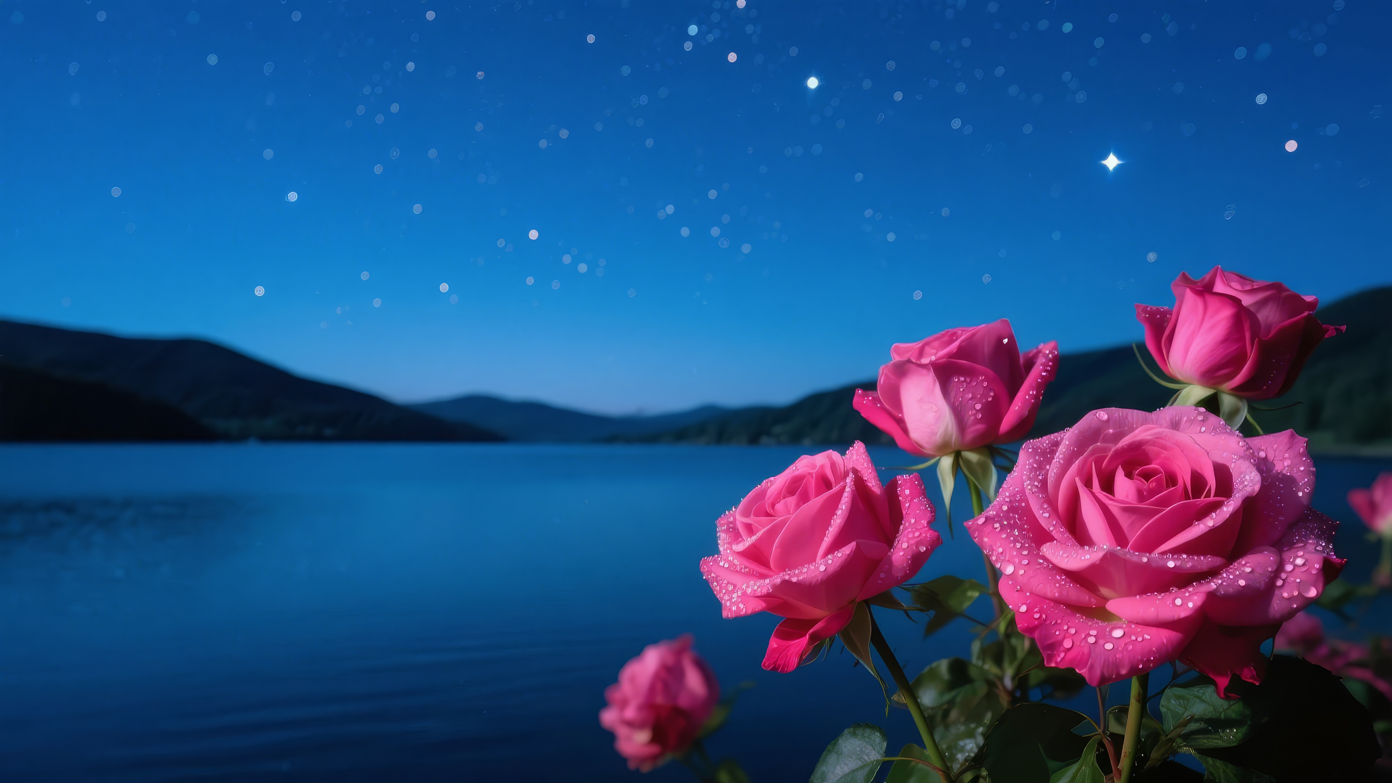 Бесплатное фото Несколько розовых роз находятся у воды под звездным небом.