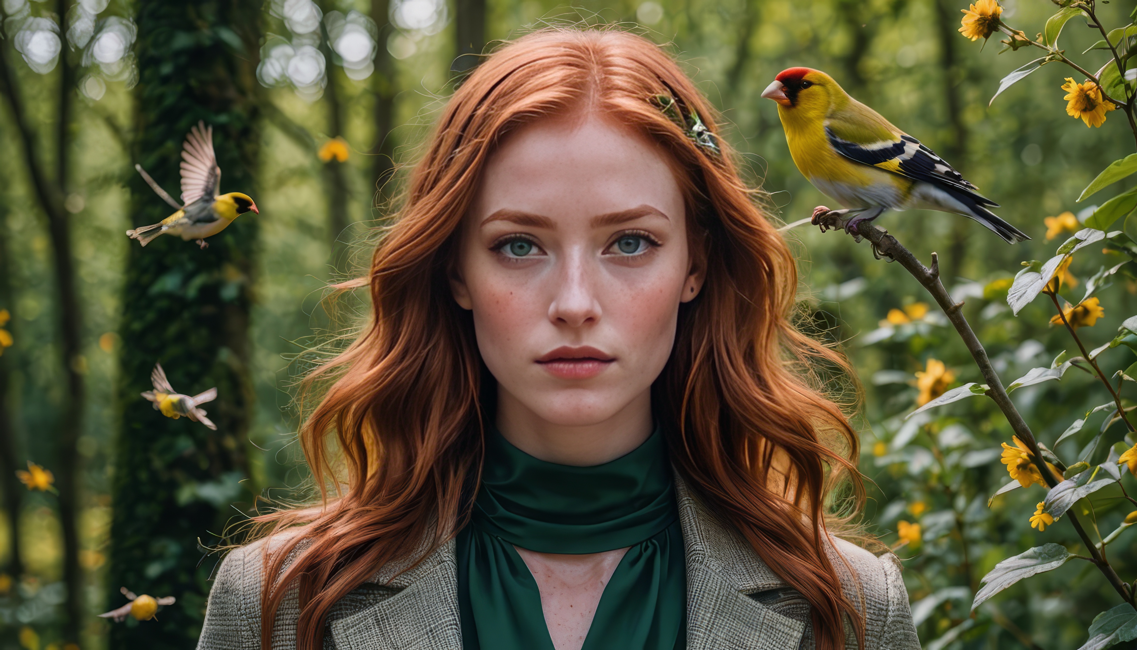 Бесплатное фото Женщина стоит рядом с деревом и букетом цветов