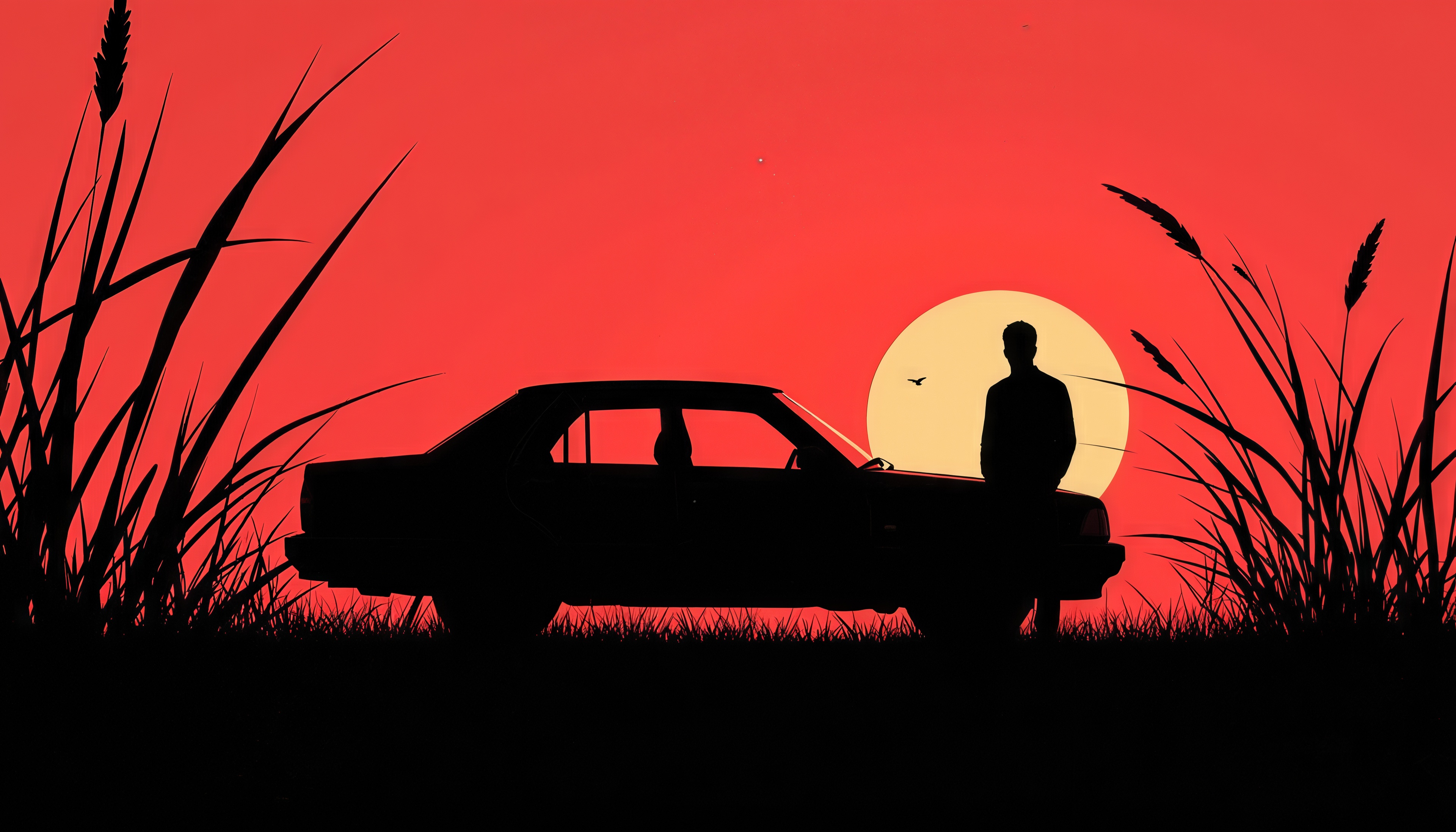 Бесплатное фото Закат окрасил небо в алый - машина ждёт, человек размышляет.
