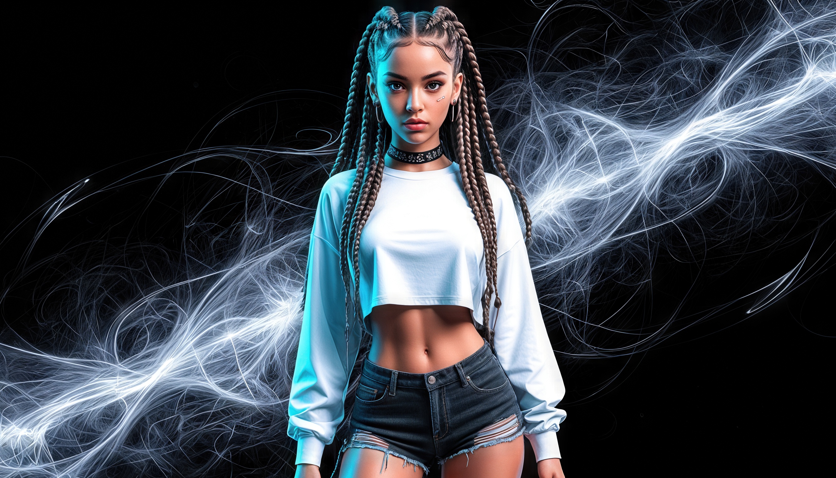 Девушка с косами на фоне мистических световых потоков.