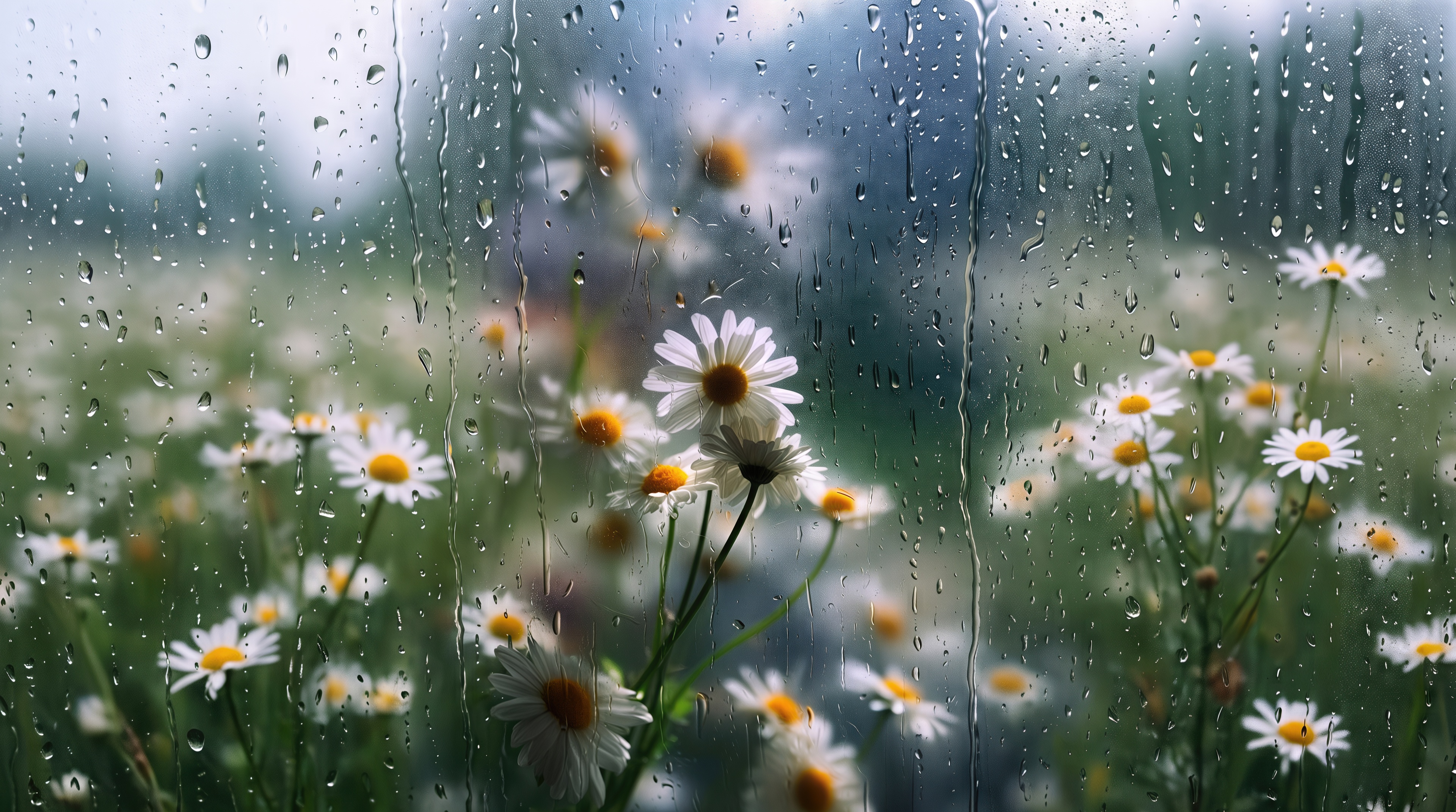 Free photo A field of blooming white daisies can be seen through the transparent window glass, covered with drops of summer rain.