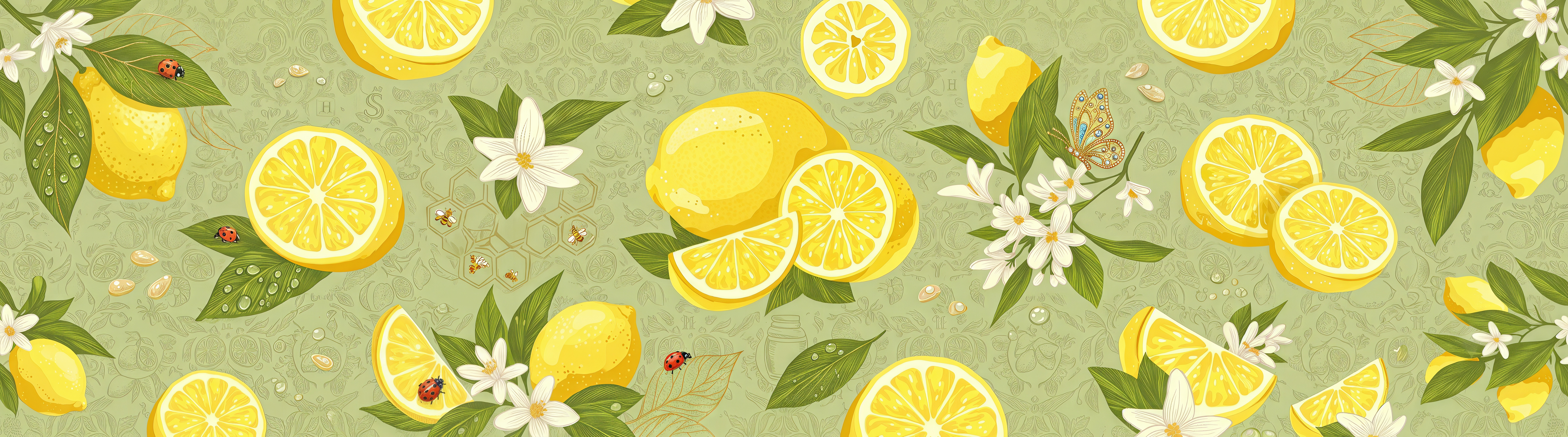 Free photo Vintage seamless pattern with ripe lemons, citrus slices and bees in the style of illustration.