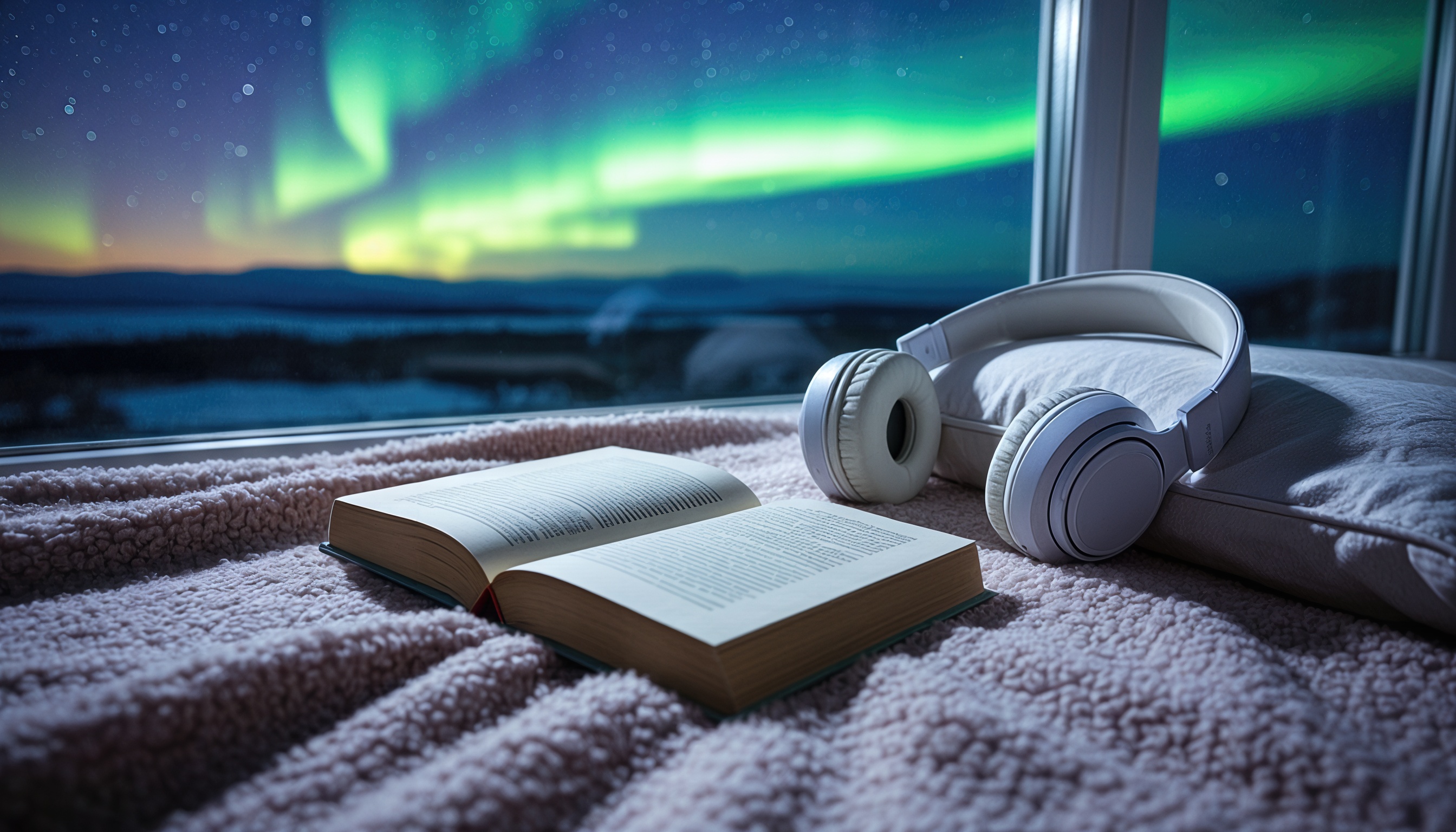 Уютный уголок с открытым окном, через которое виден северное сияние, и лежащими на пледе книгой и наушниками.