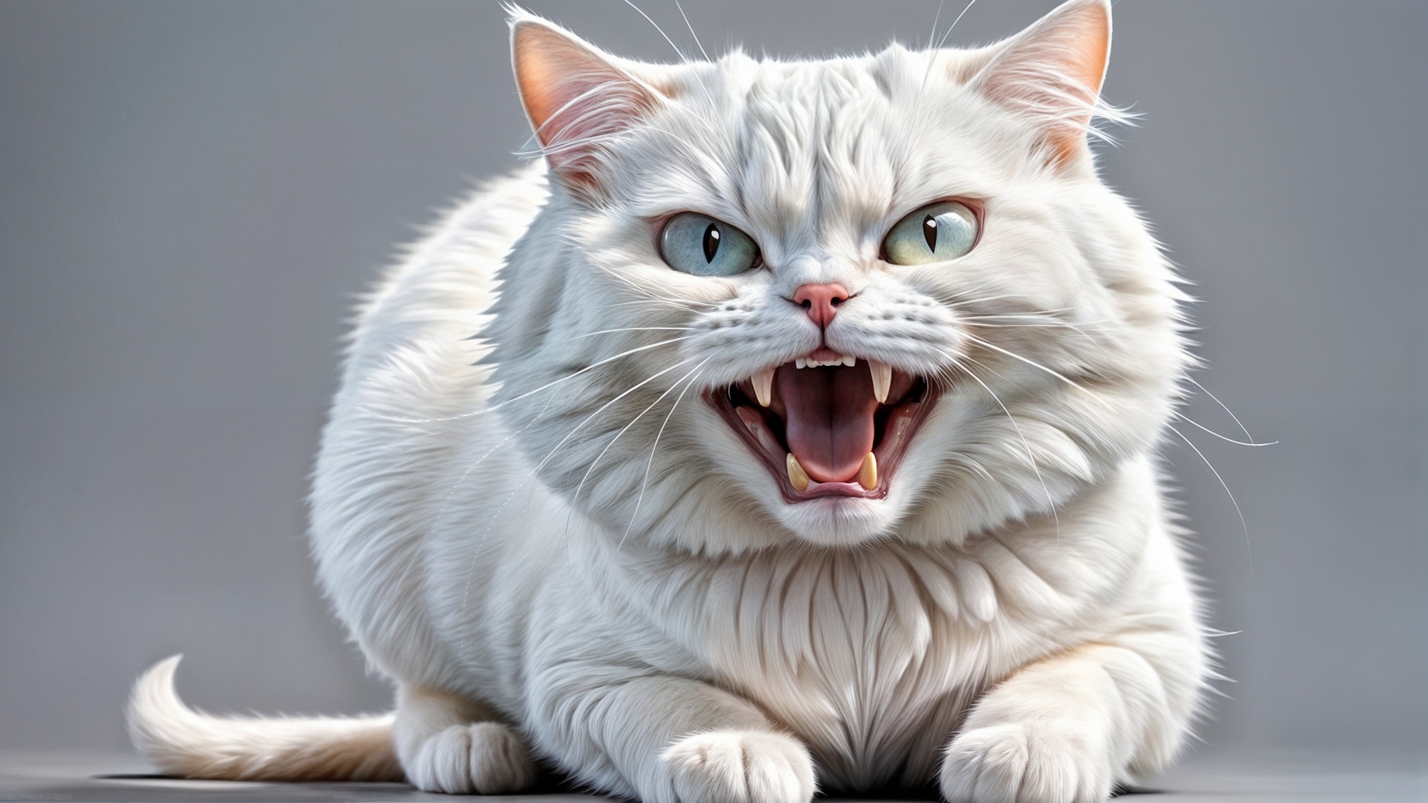 White angry cat on gray background