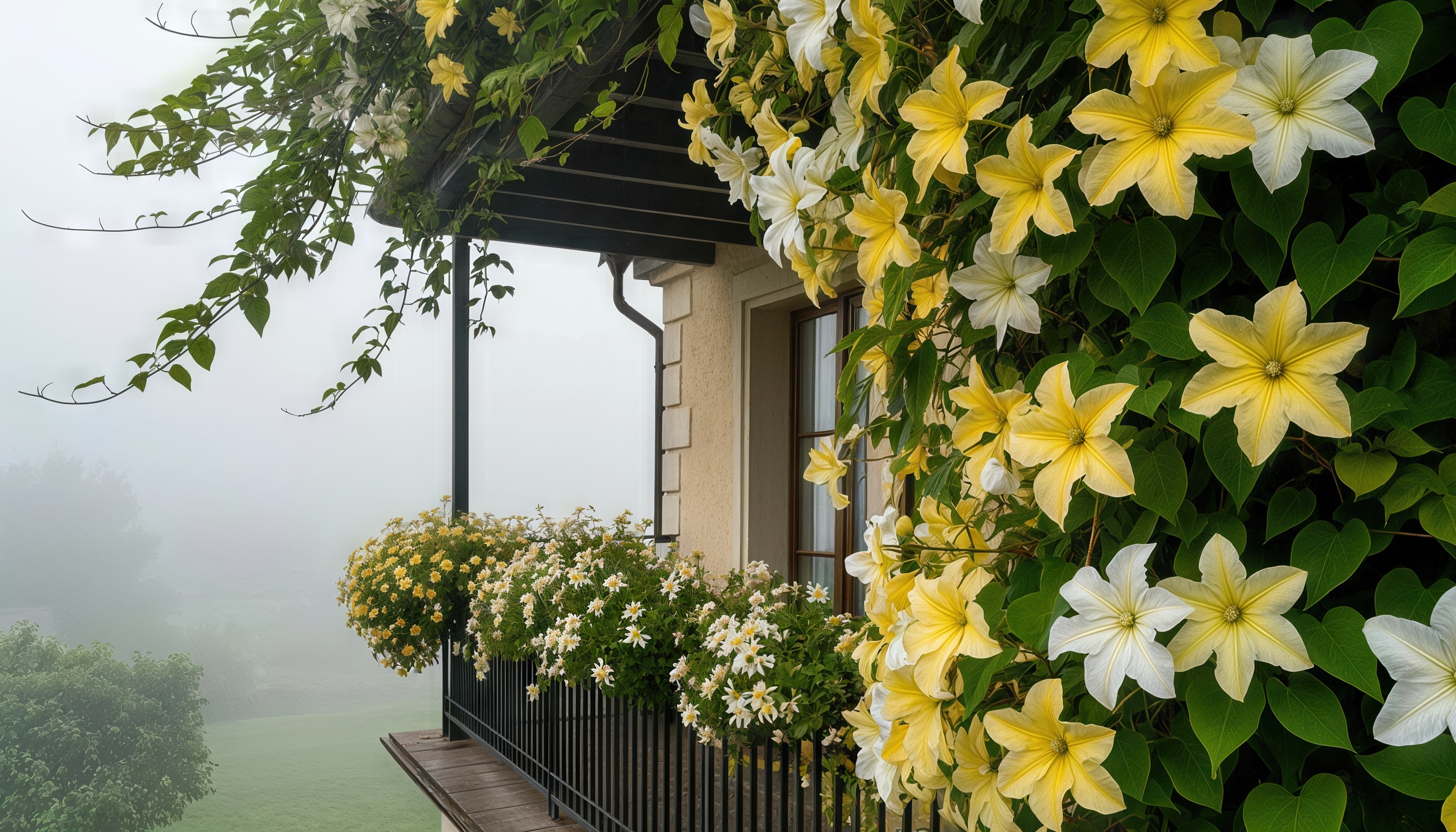 Бесплатное фото Балкон с белыми и желтыми цветами на фоне тумана.