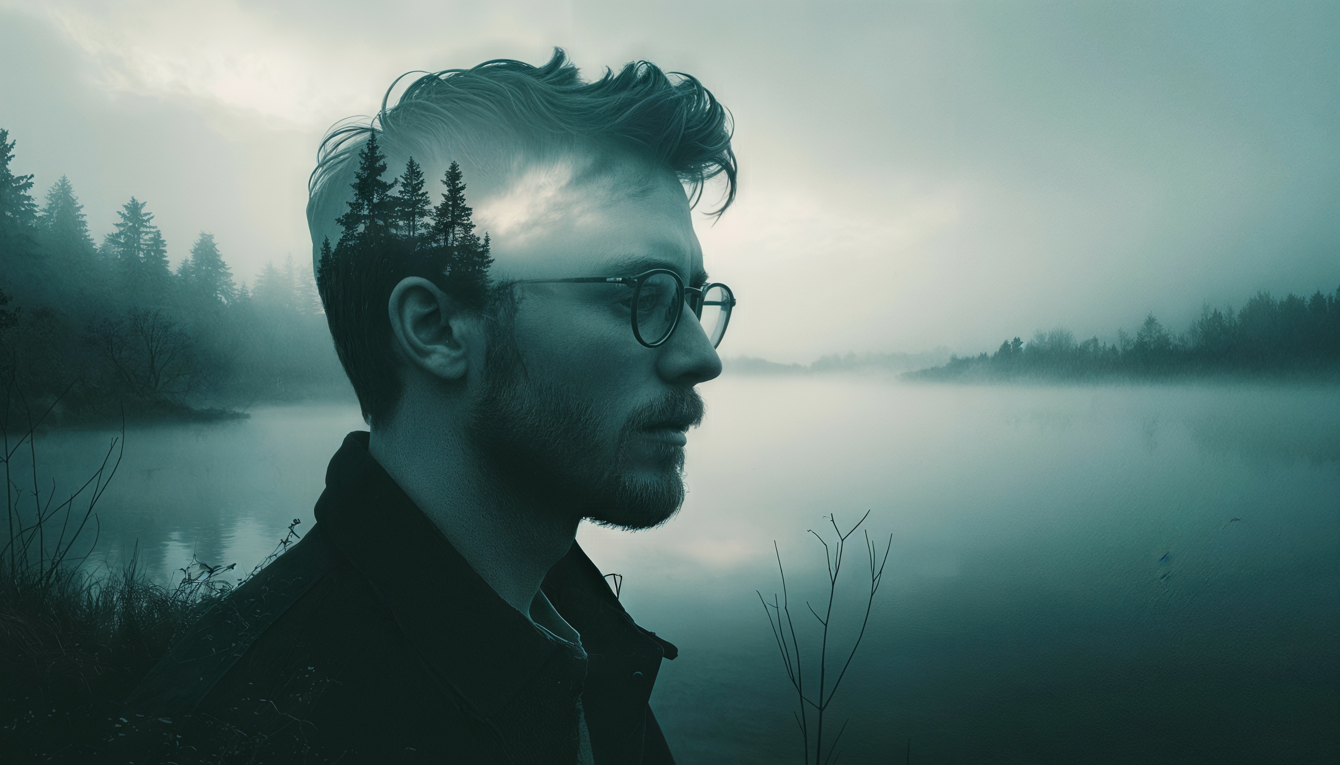 Бесплатное фото Мужчина в очках и куртке на фоне озера и леса в тумане, созданный с помощью коллажа.