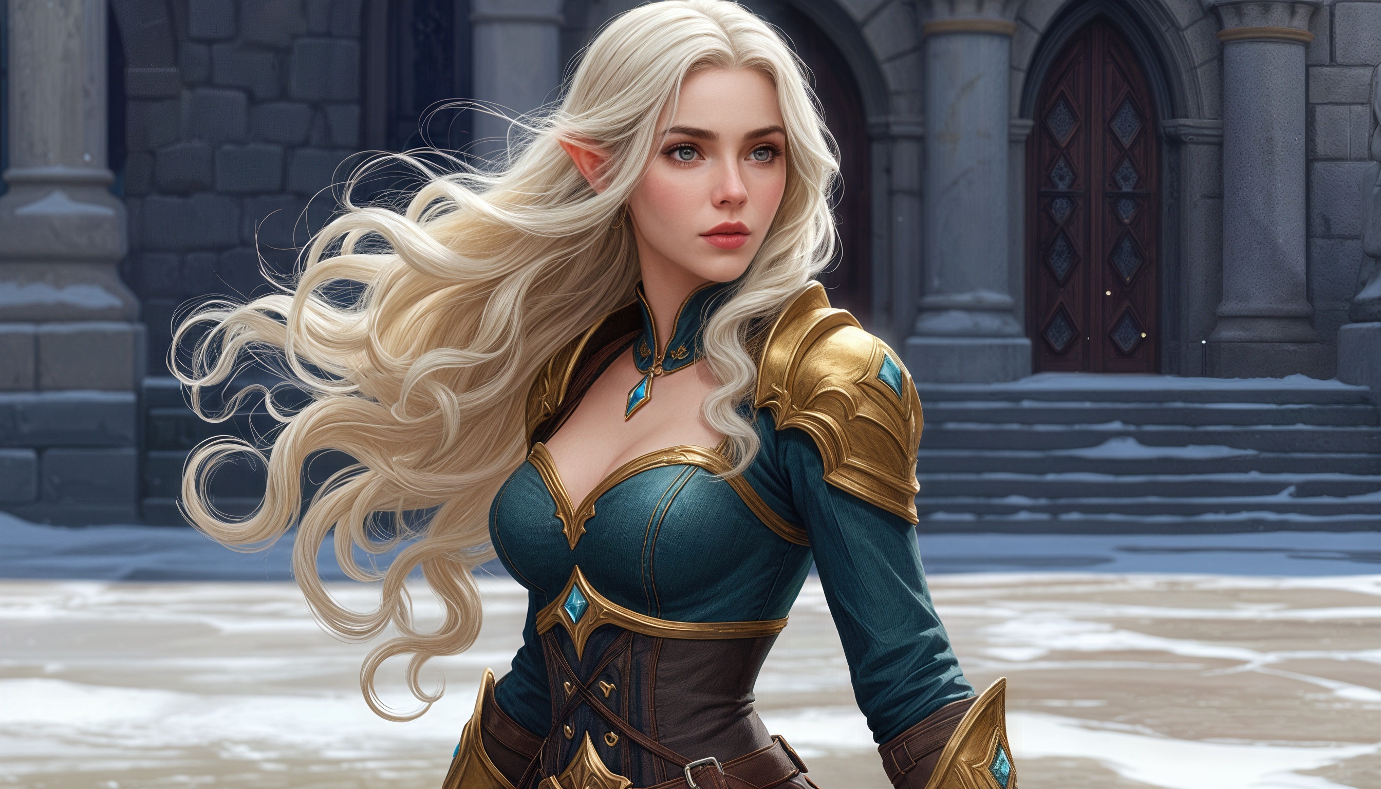 Jaina Proudmoore from World of Warcraft wearing armor with long blonde hair in the background of a castle.