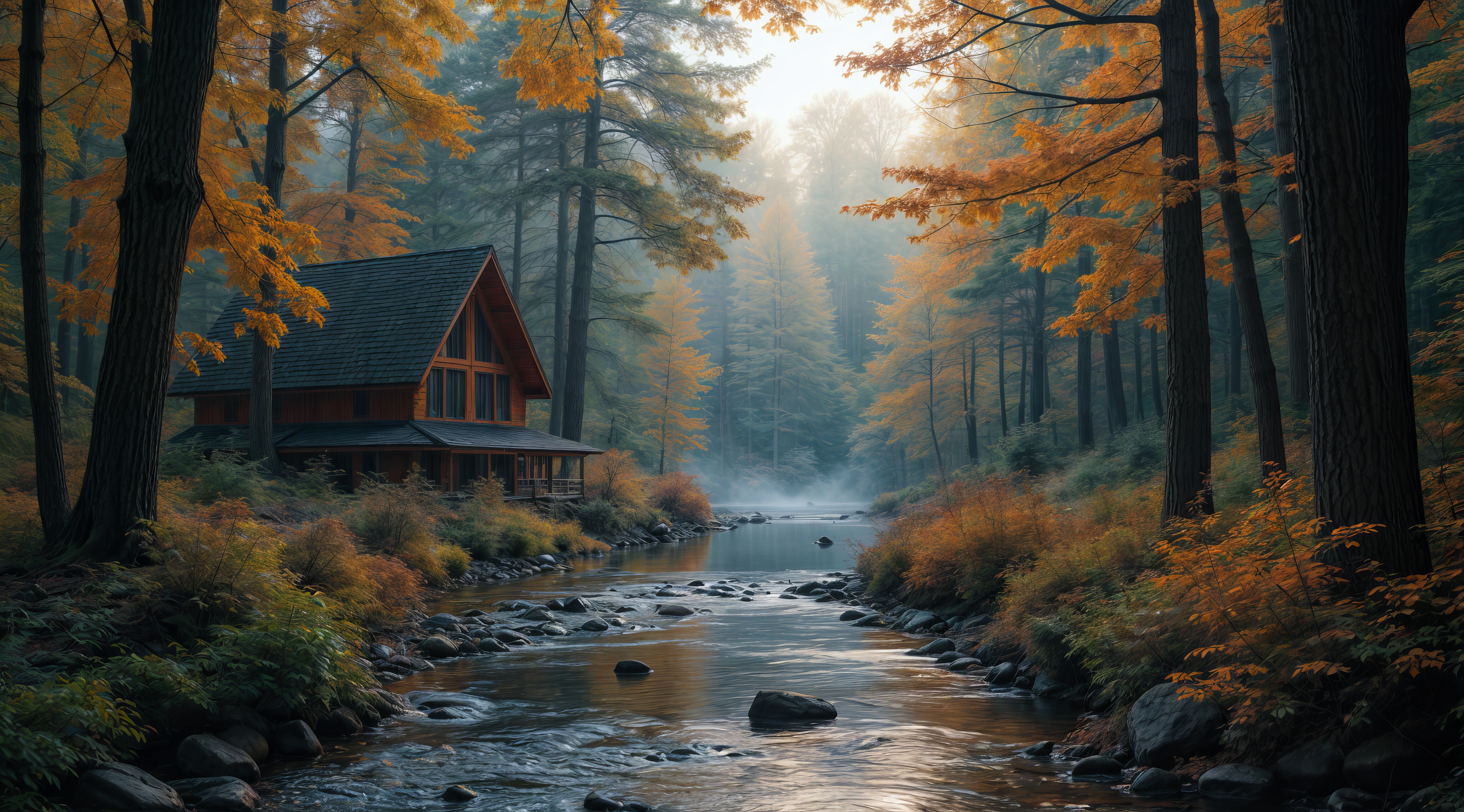 Бесплатное фото Домик в лесу с рекой, текущей между деревьями.