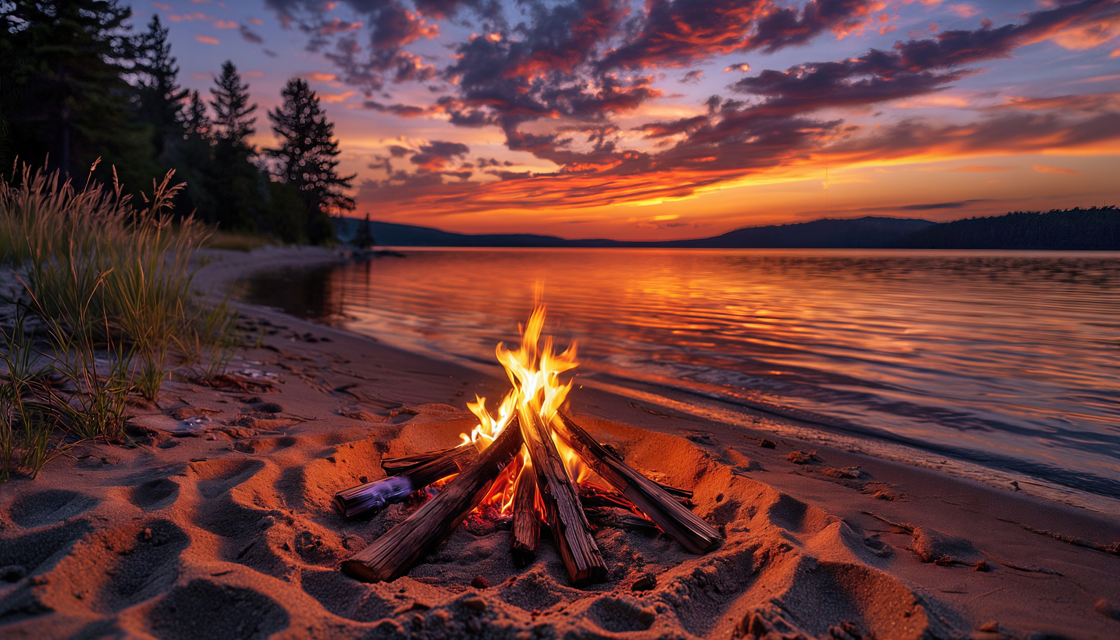 Бесплатное фото Костёр на берегу озера в закатных лучах - умиротворение природы.