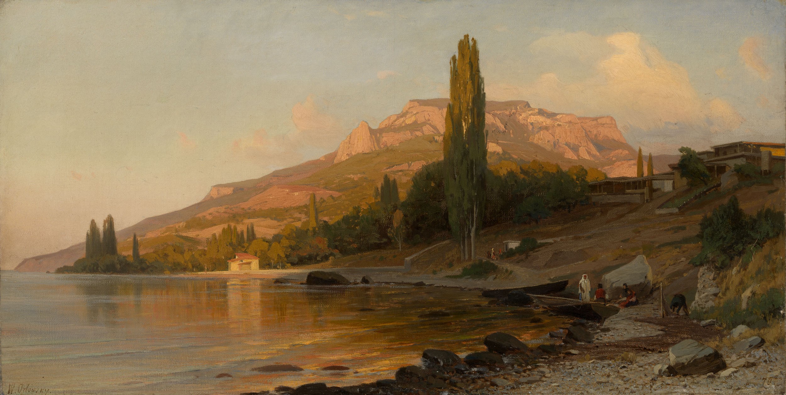 Бесплатное фото Пейзаж с рекой, лодками и постройками на берегу, окруженный горами и лесом.