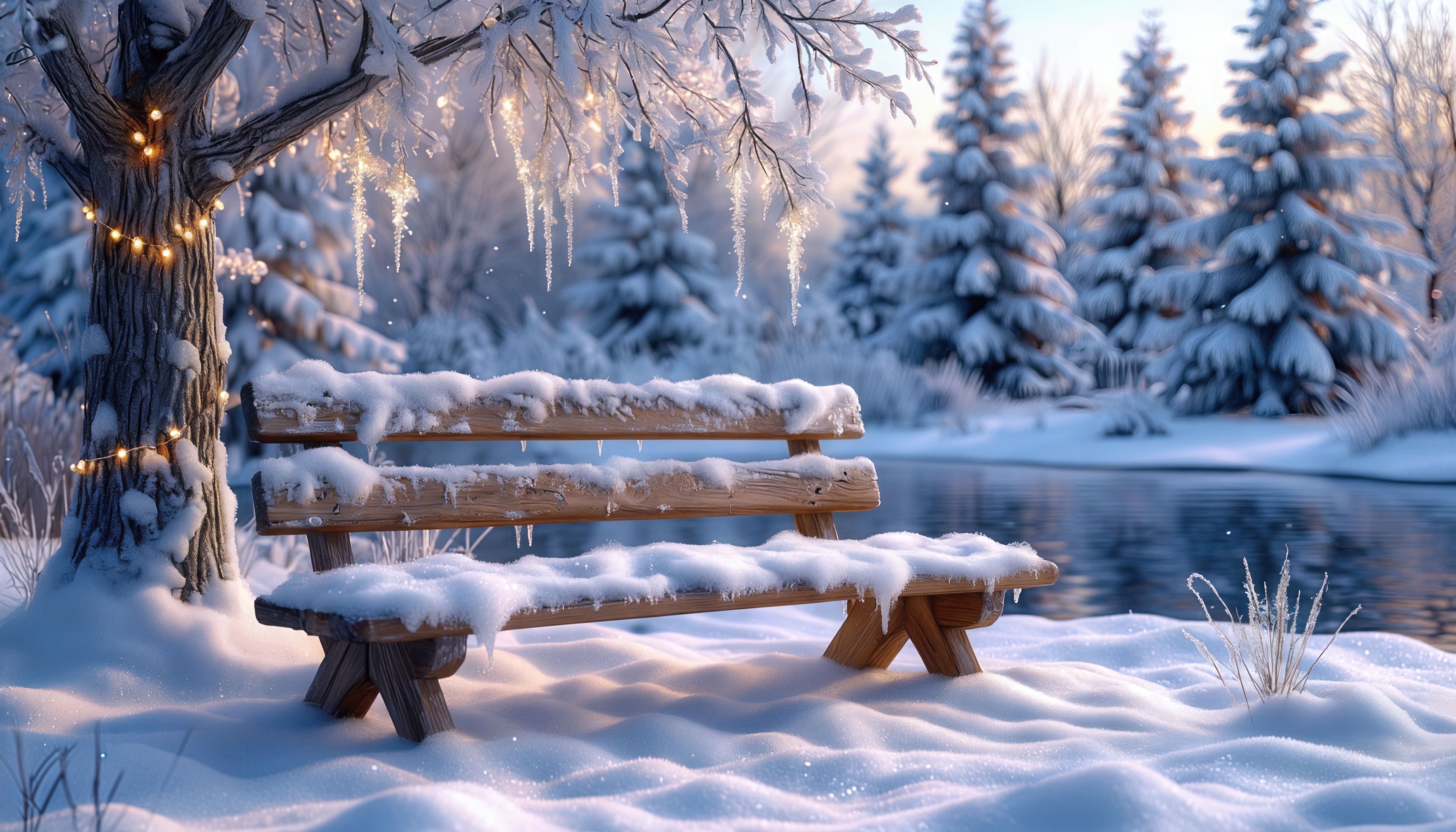 Бесплатное фото Зимняя идиллия: заснеженная скамейка у озера, украшенная гирляндами ель.