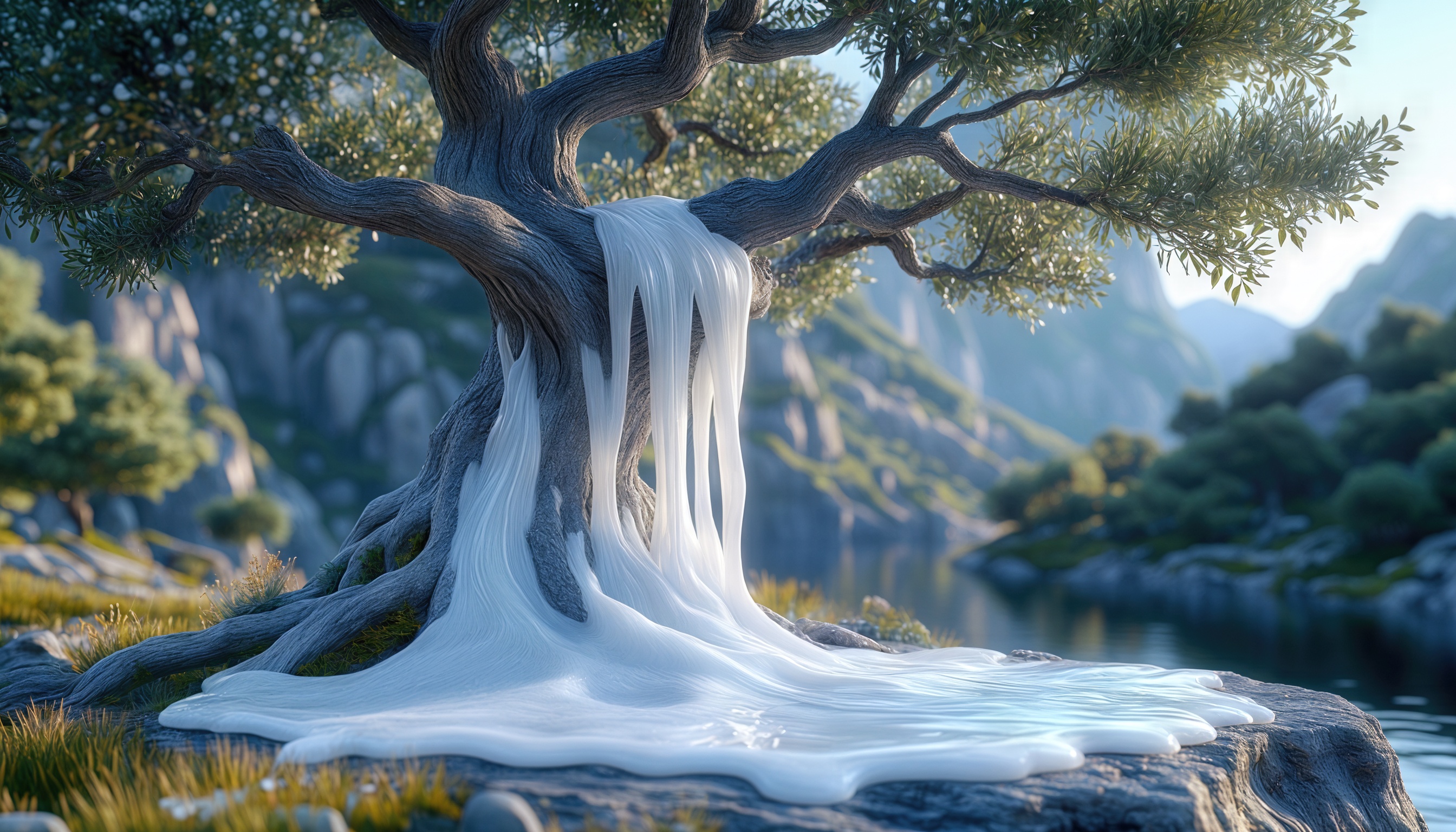 Фантастический пейзаж с деревом, из которого стекает лед, окруженный горами и рекой.