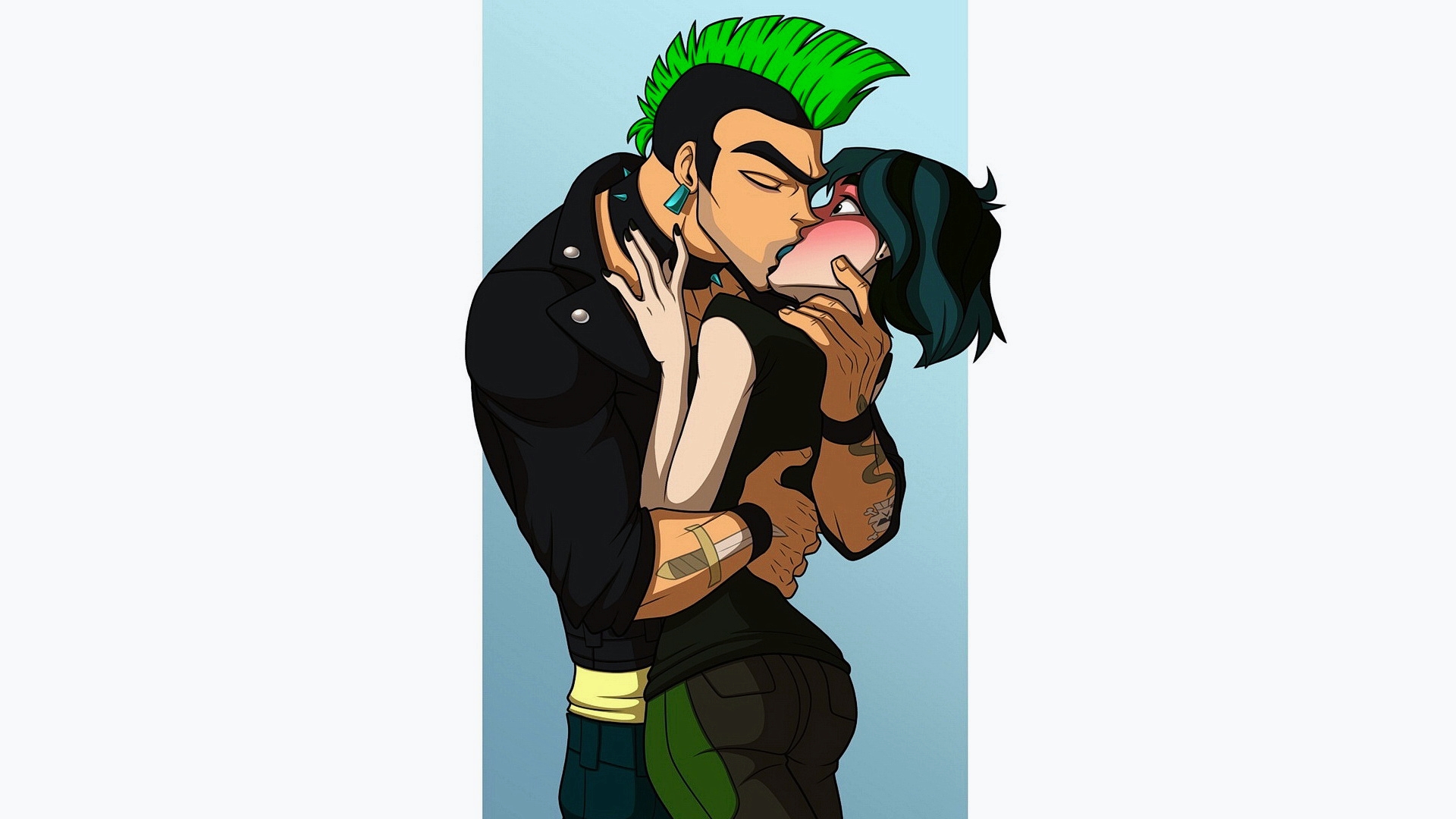 Picture of a punk with green hair kissing a girl and a white background