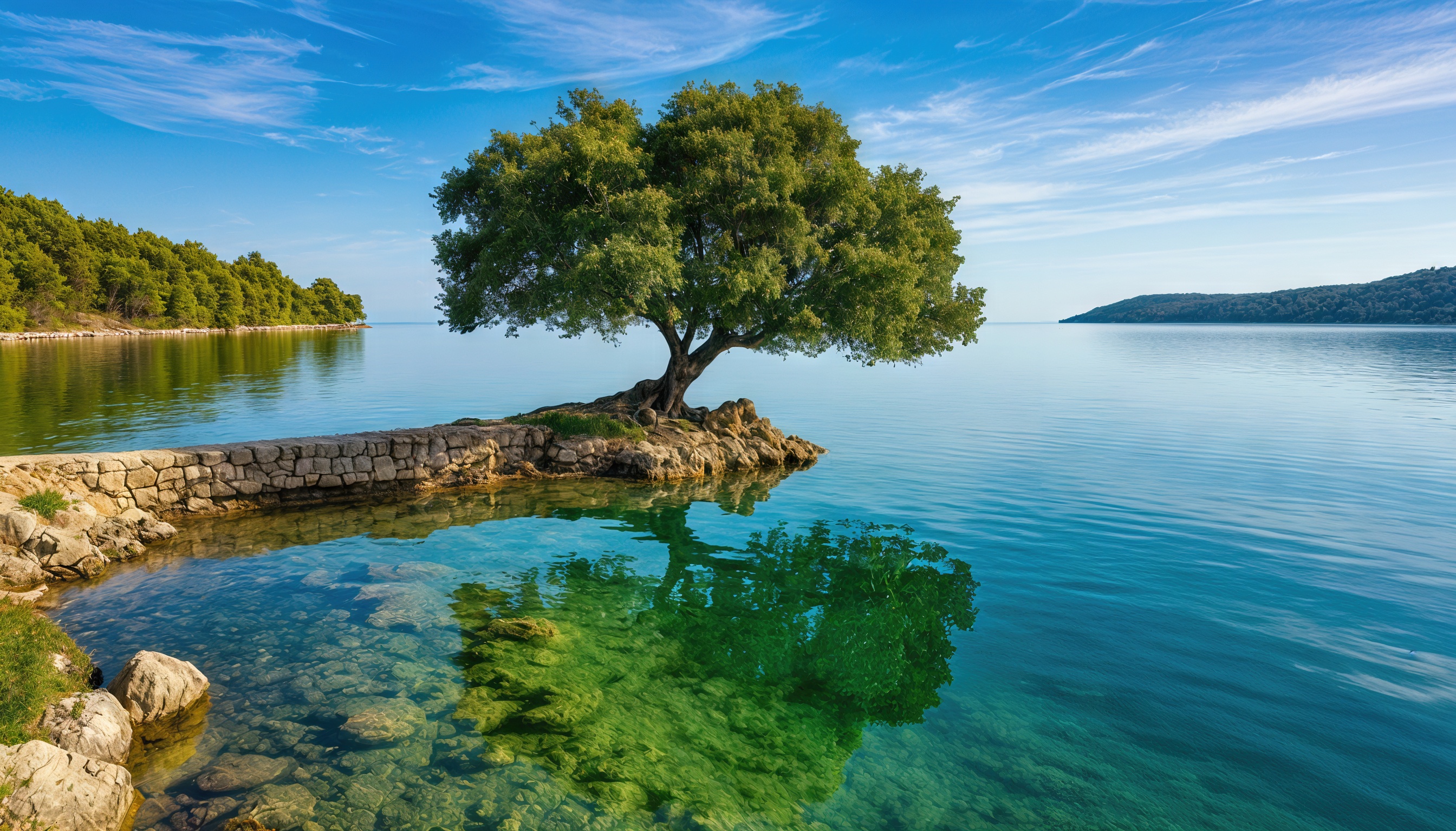 Бесплатное фото Полуостров с деревом в озере, окруженный зеленью и спокойной водой под ясным небом.