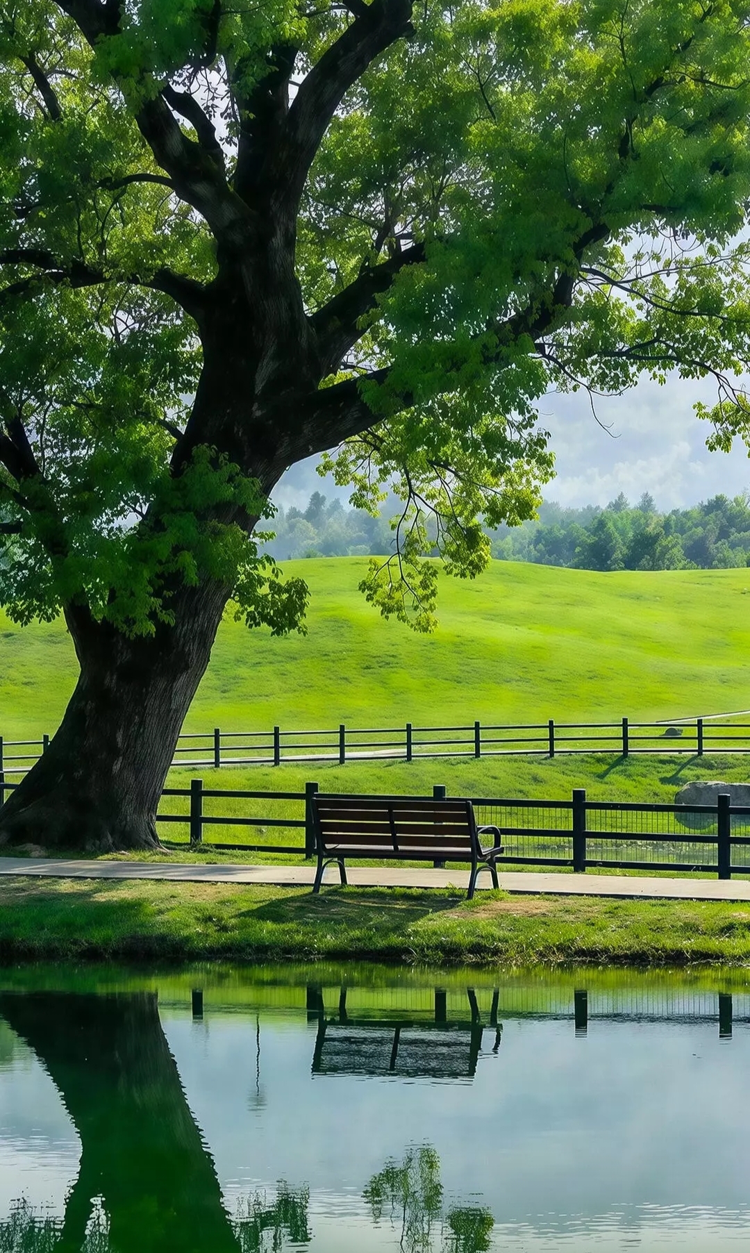 Free photo Picturesque scene with a wooden bench by a pond