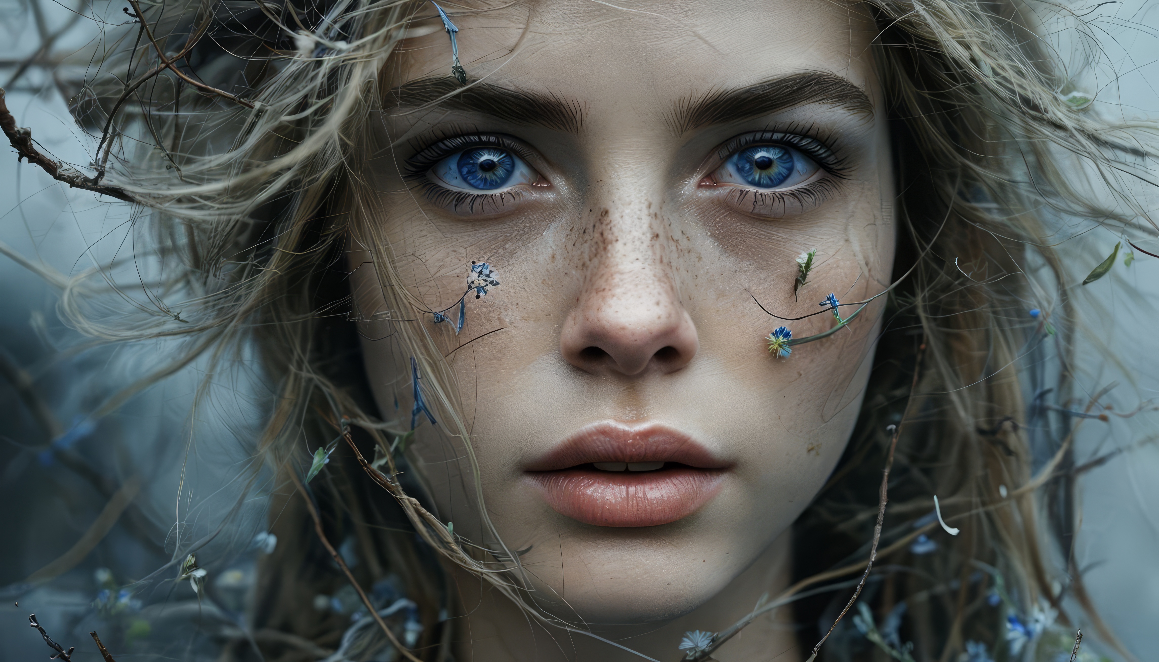 Бесплатное фото Женщина с длинными волосами и голубыми глазами смотрит в камеру