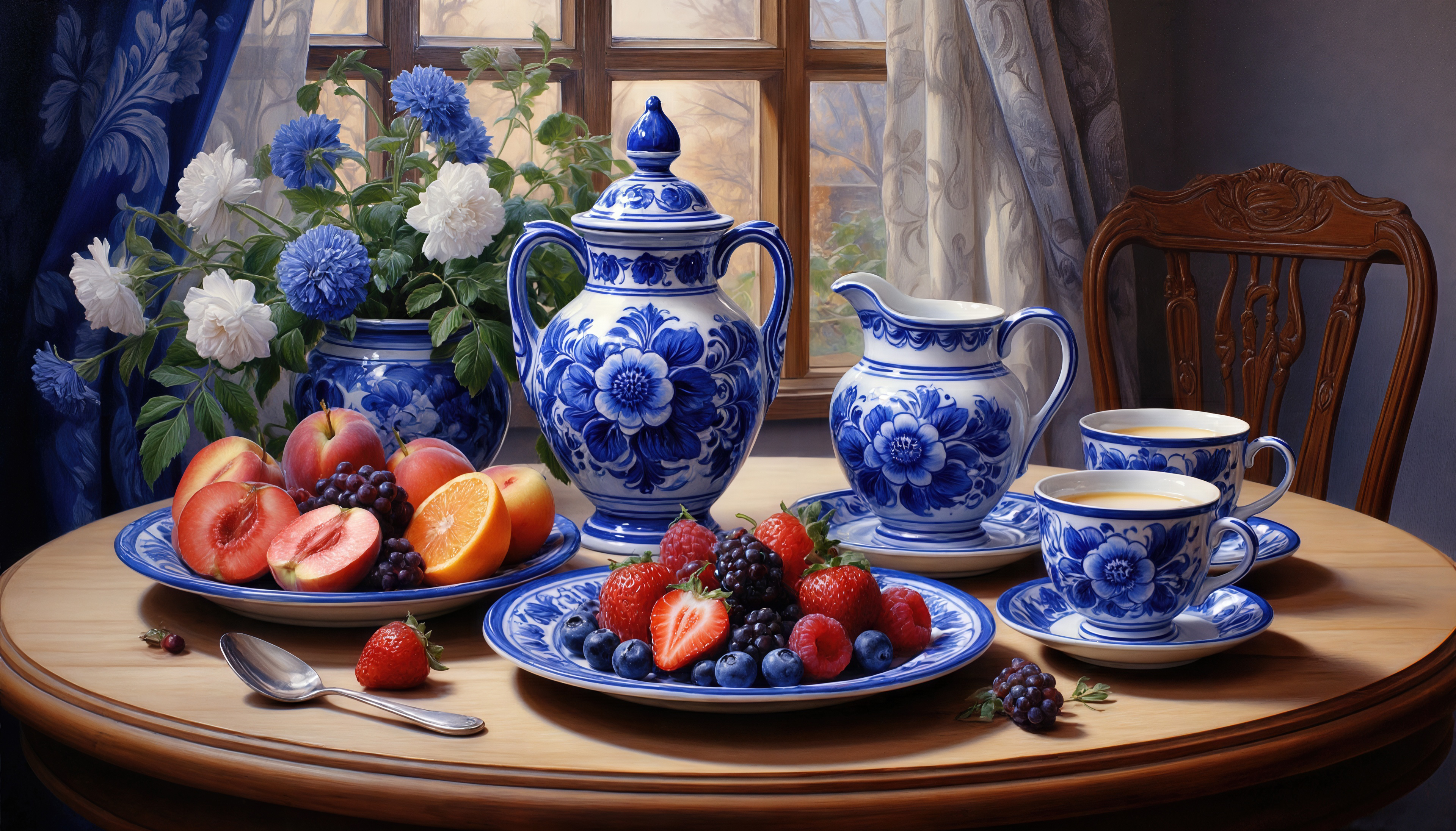 Бесплатное фото Бело-голубой гжельский сервиз, свежие ягоды и цветы на деревянном столе у окна.