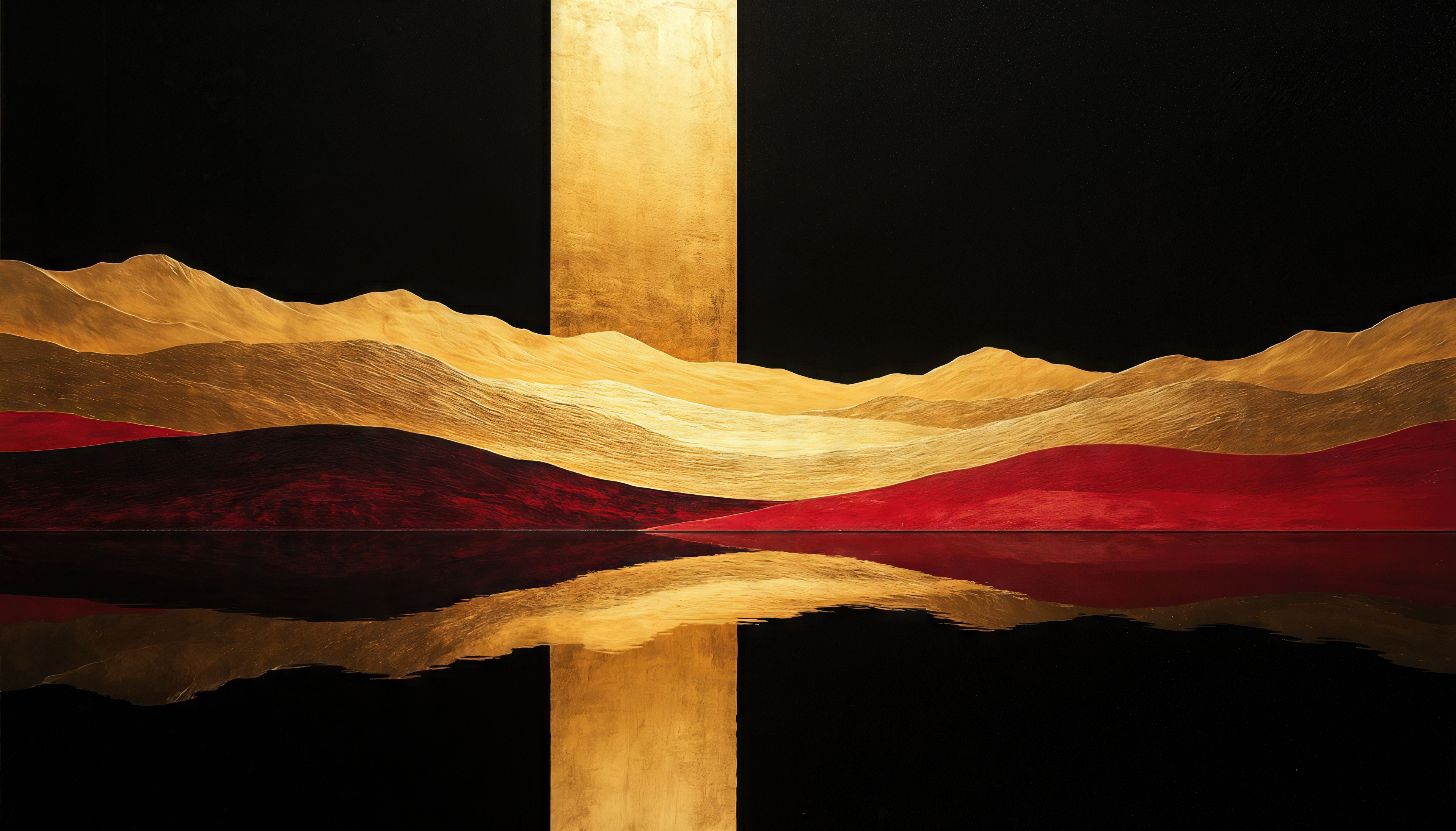 Бесплатное фото Абстрактные горы в золотом и алом свете, отражённые в зеркальной глади.