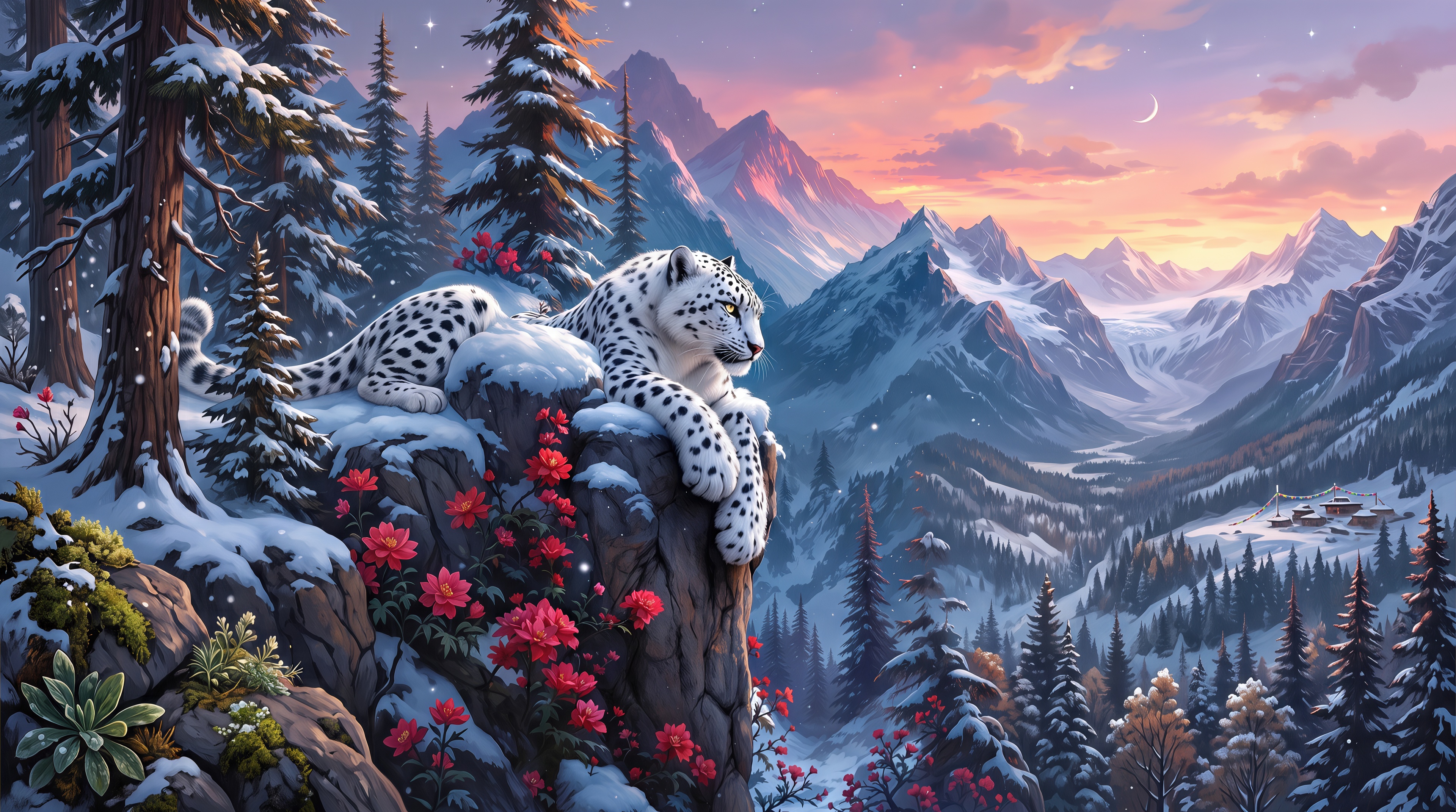 A majestic snow leopard lies on a snow-covered cliff among scarlet flowers against the backdrop of the setting sun and snow-capped mountains.